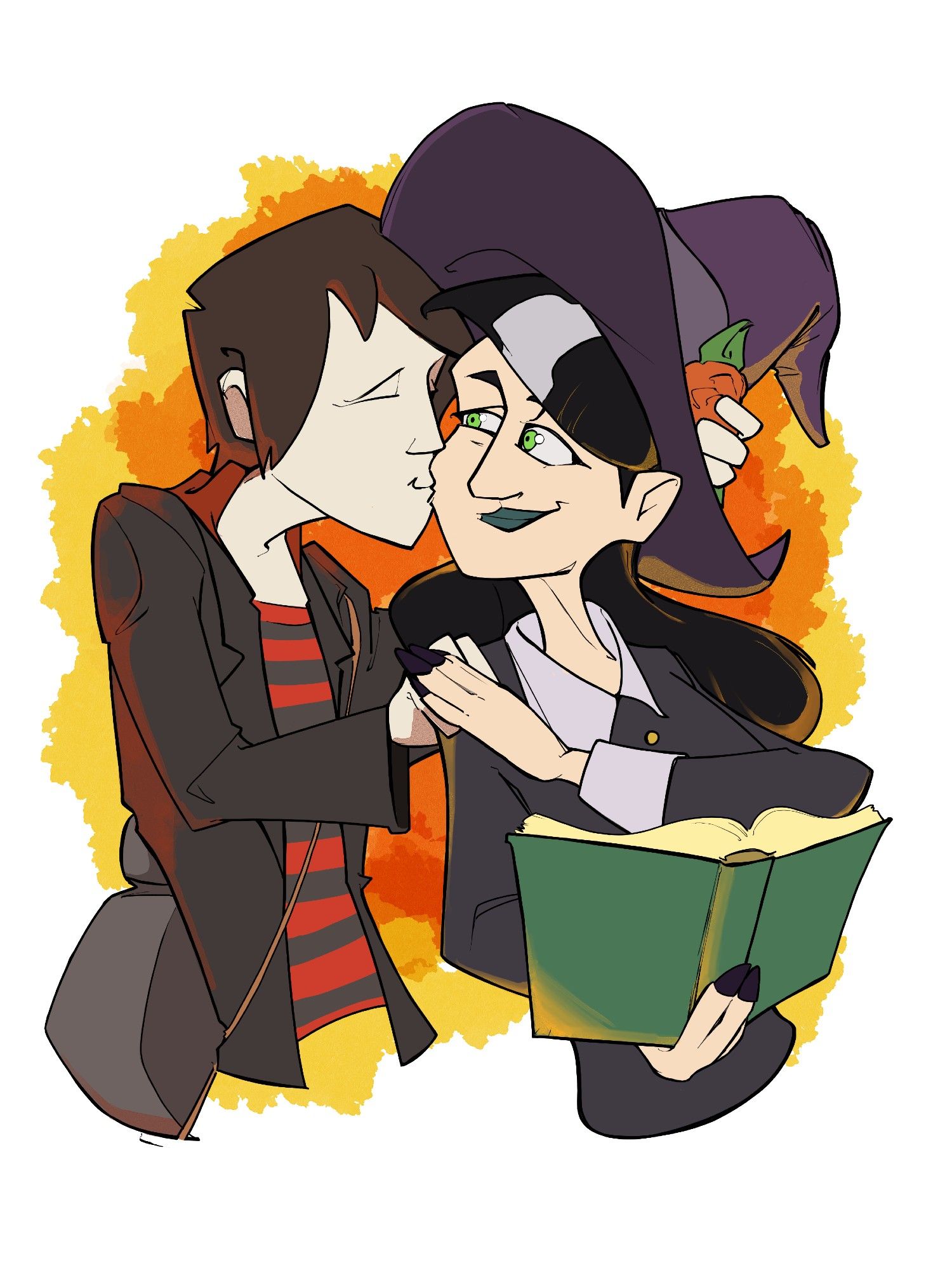 Ash, a man with light skin and black hair, kissing Zabel, a witch with light skin, green eyes, and black hair. She's also holding a book, but smiles and leans into the kiss.