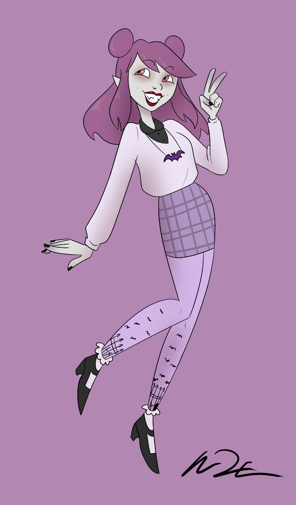 A vampire with slightly gray skin and long dark purple hair with two space buns. She has a light purple sweater, a bat necklace, a purple plaid skirt, purple tights with little bats and gates on the bottom, and black high heels.