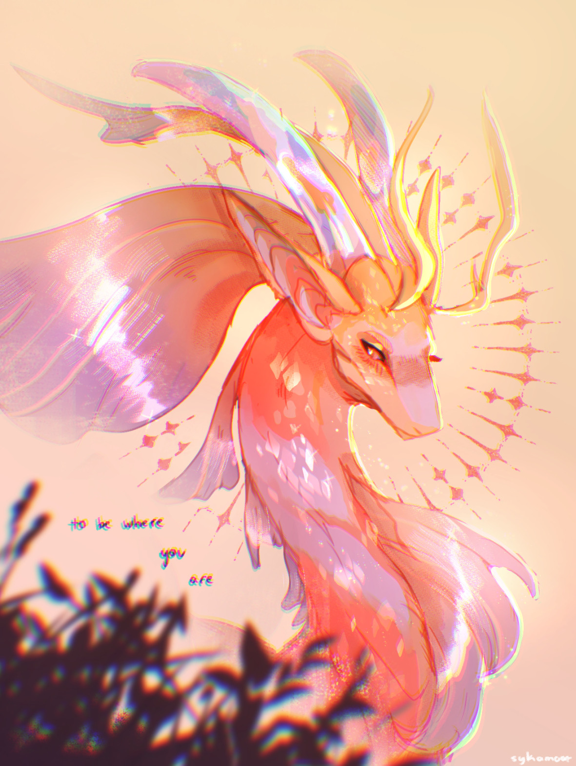pink and pale purple dragon with gold lighting and a halo behind her