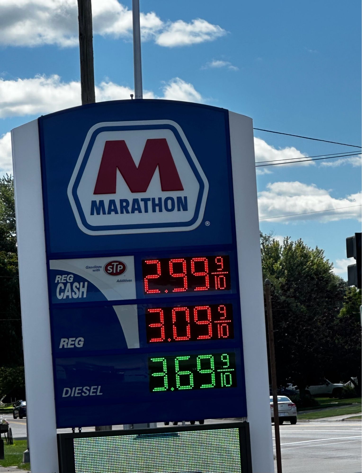 A Marathon gas station showing regular cash gasoline at $2.99

Added context: Gas hasn't been this low since 2019