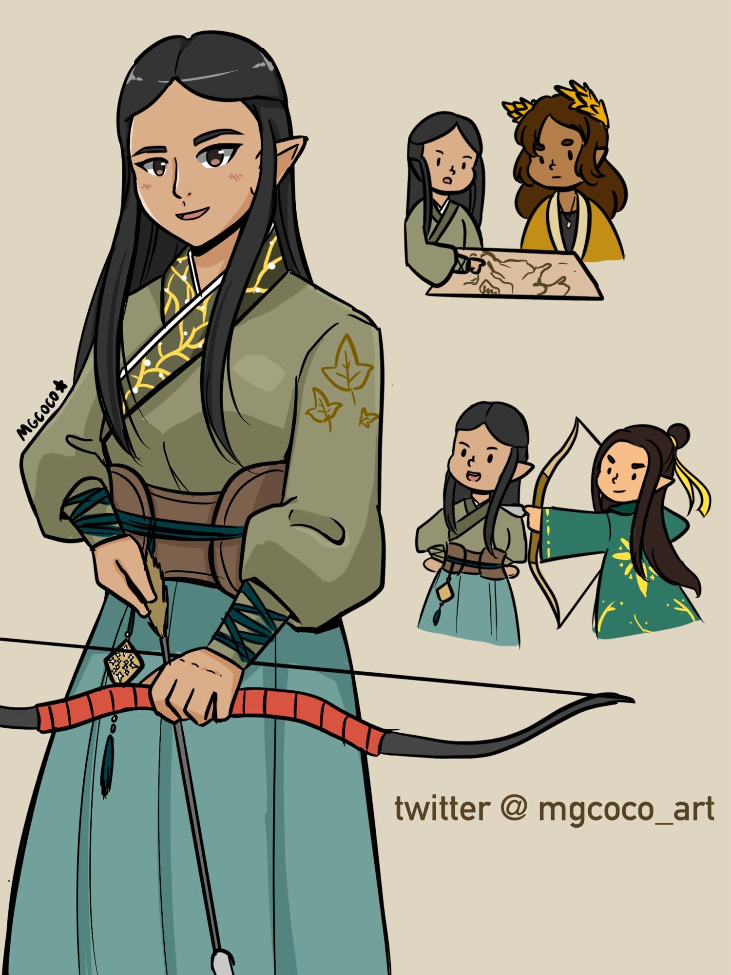 Rían redesign, she is wearing a muted green and blue hanfu, and is readying a bow and arrow. There is a leaf shoulder detail, and she has a dangling belt accessory with Gil-galad’s heraldry. 

There are also chibi drawings of her pointing at a map with Gil-galad, and encouraging Elrond, who is pulling back an arrow.