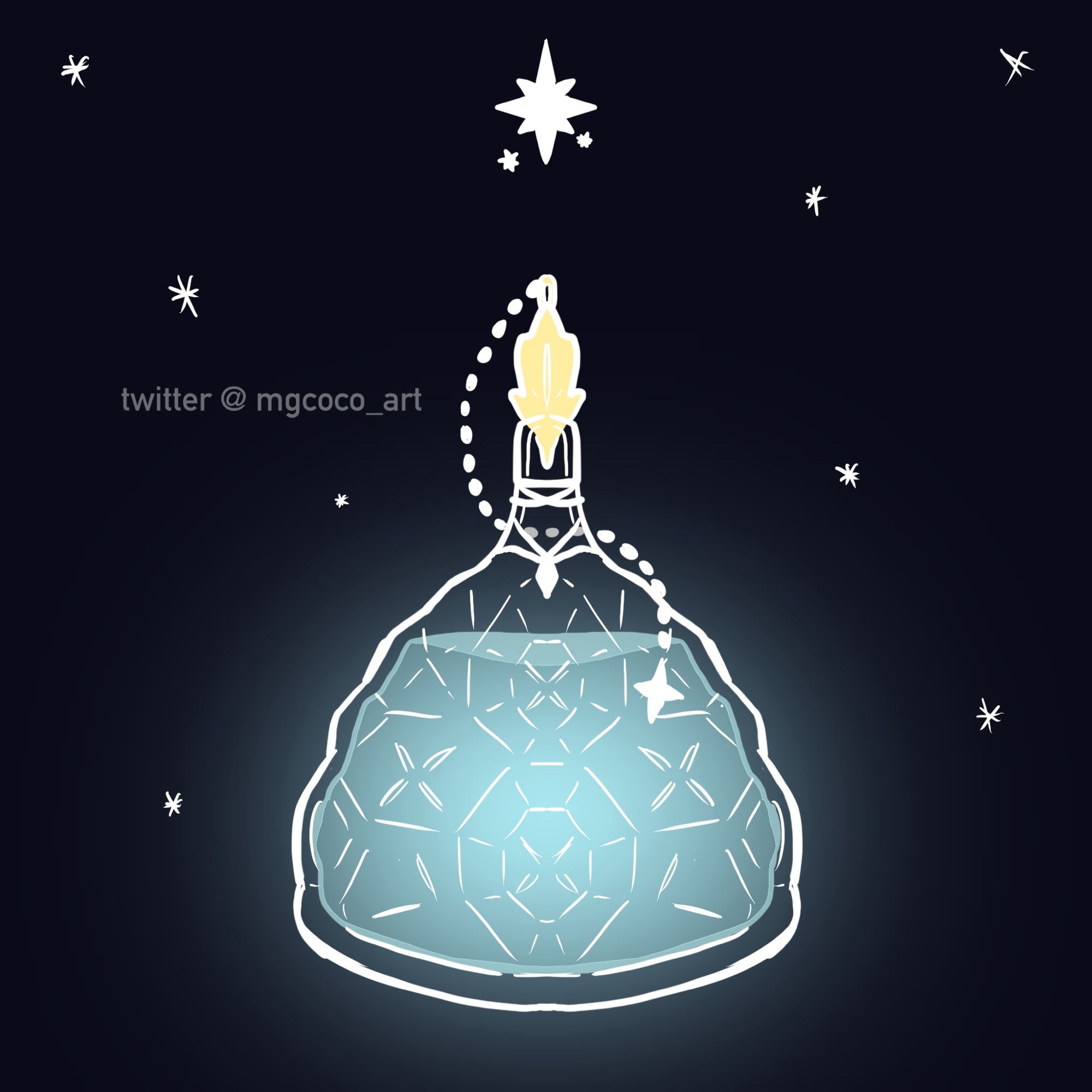 A crystal phial drawn with white lines on a dark background, filled with glowing blue water. A golden leaf-shaped plug is on top, with a delicate chain hanging off of it. Cute white stars decorate the background.