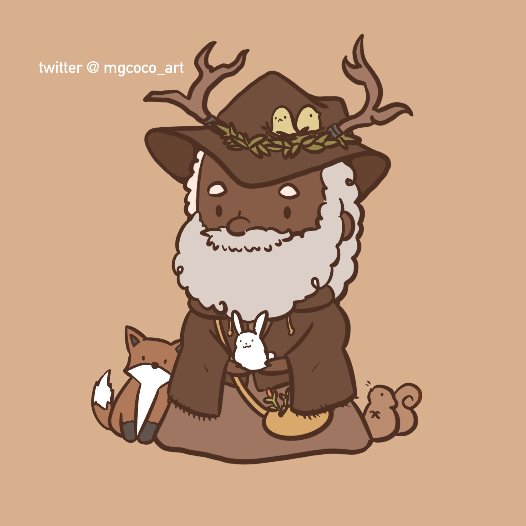 A chibi Radagast. He is holding a white bunny, with a birds nest containing two yellow chicks in his hat. On the side of him are a fox and squirrel