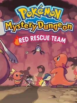 Key art for Pokémon Mystery Dungeon Red Rescue Team. A Torchic, Meowth, Cyndaquil, Magnemite, and Charizard stand in shock when faced with the shadows of a Medicham, Ekans, and Charizard.