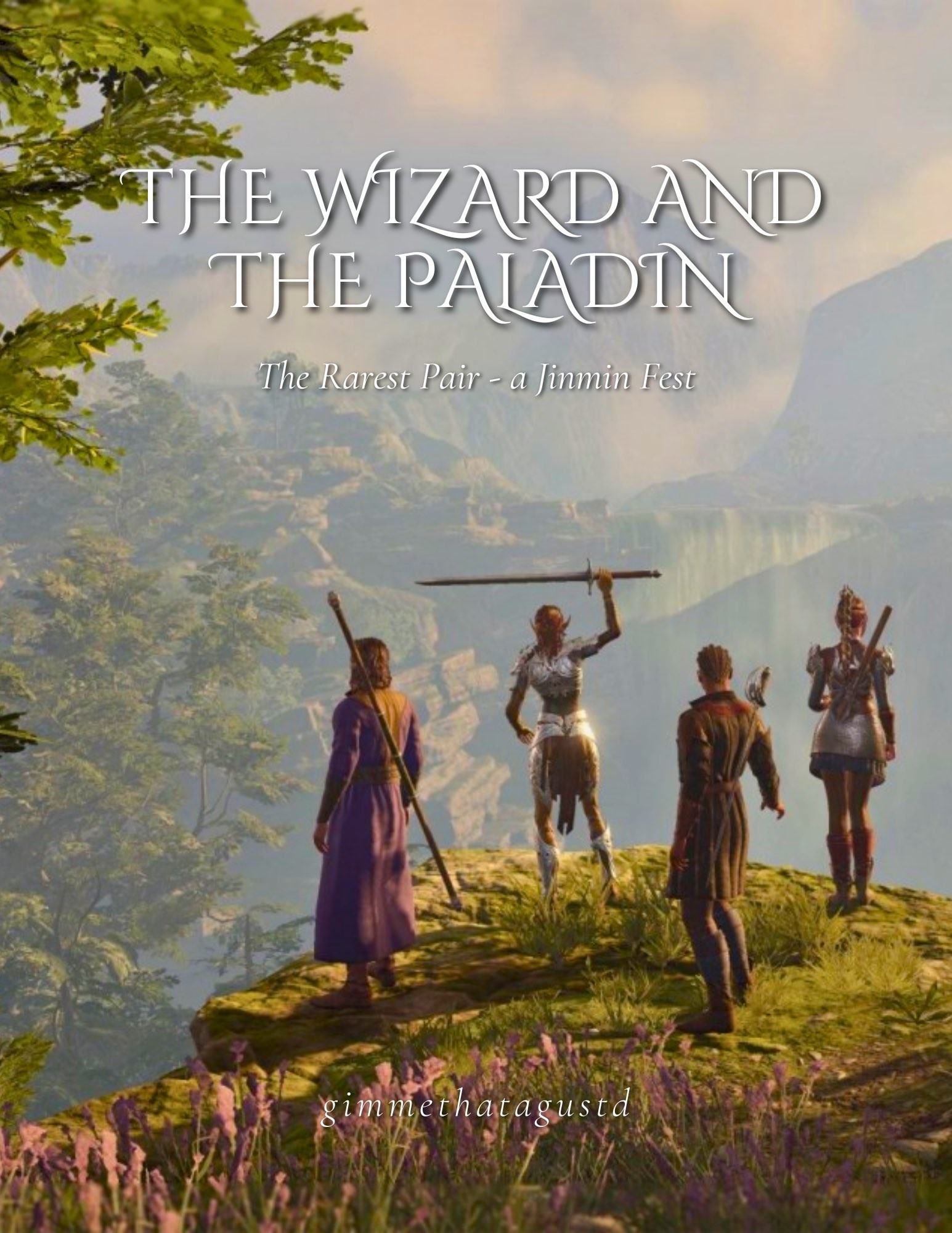 A photo of four video game characters from Baldur's Gate 3, featuring text that reads: The Wizard and the Paladin, the Rarest Pair - a Jinmin Fest, gimmethatagustd