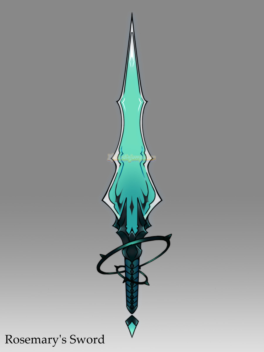 A sword chosen for a player named Rosemary. The sword has a dark, blue-green hilt with a crystal floating at the bottom, and two dark spiked rings floating around the handle. The translucent blue-green blade is in a triangular shape, held in place with thick, dark metallic prongs. the blade has ornate detailing running up the sides of it.