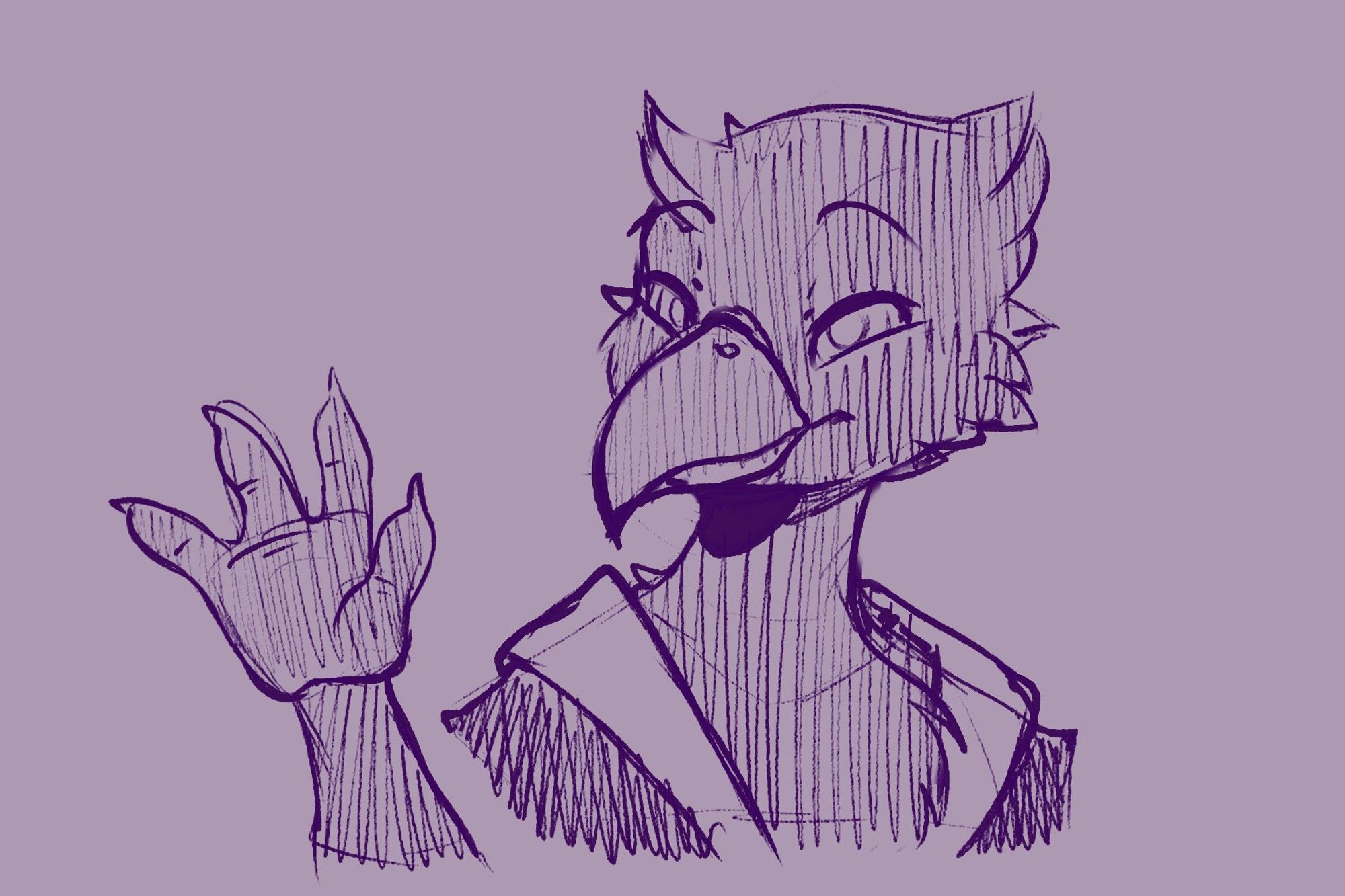 A bust of an anthropomorphic crow in 3/4 view, waving to someone. He wears a robe. Drawing is a purple sketch on top of a purple background, done in 2021.