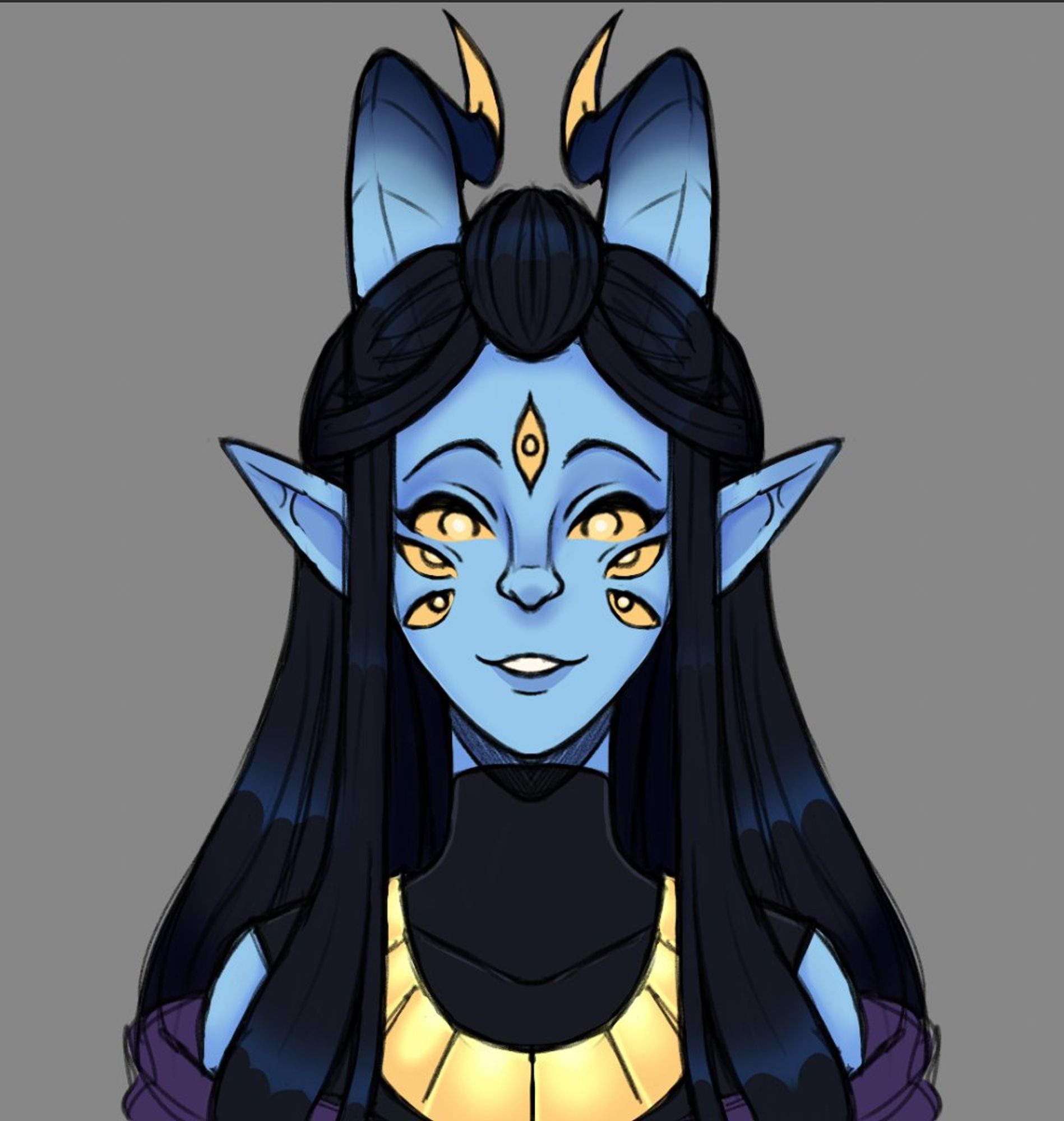 A headshot of a blue tiefling with a neutral, but smiling expression. She has long dark hair with a thick strands wrapped around her horns, with the ends framing her face. She has lighting bolt shaped horns with a light to dark gradient and gold caps on the ends. She has seven gold eyes and four eye-shaped earrings. She wears a black top with a high neck, and a gold statement necklace. Wrapped around her is a purple top that falls off her shoulders. This piece was done six months after the first one, showing an improvement in colors, facial anatomy, and sketch cleanliness.