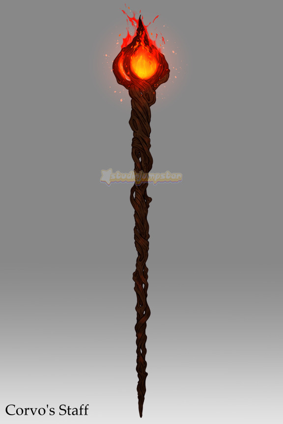 A special staff created for Corvo. The staff is long and made out of dark, twisted tree branches, which twist into an onion shape at the top of the staff. Inside this shape is a glowing red flame that looks like it's almost splashing out of the top, and embers float around it.