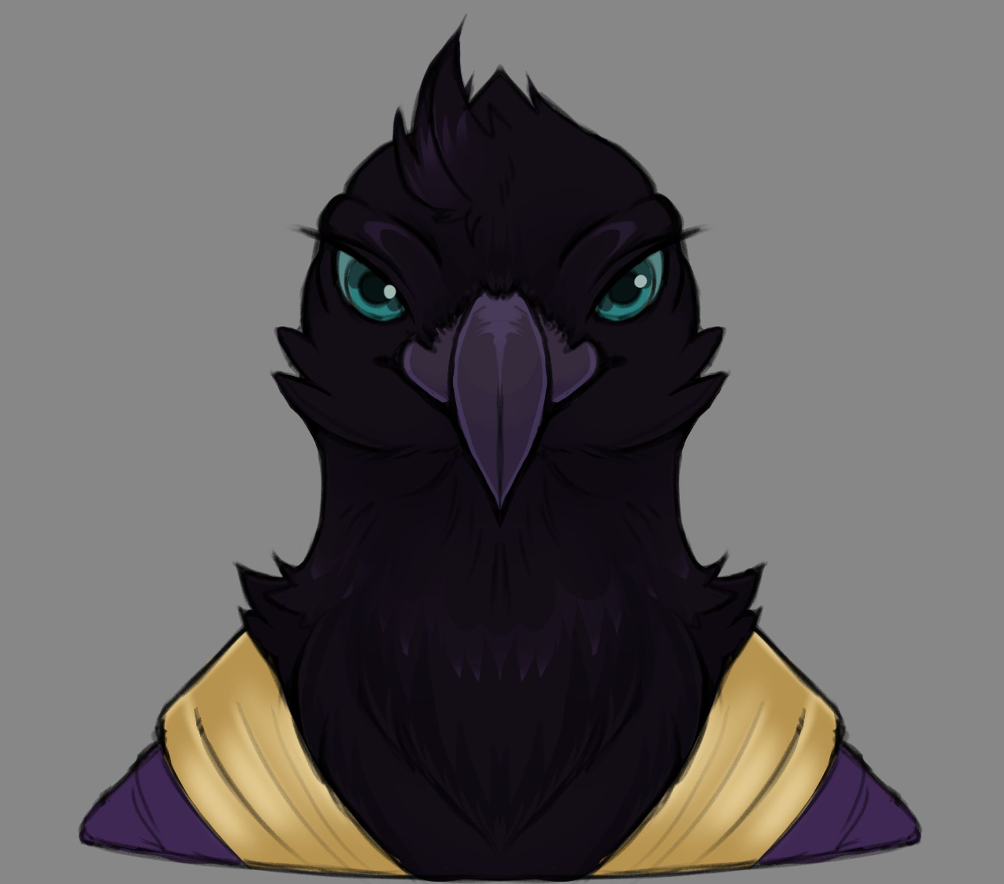 A bust of an anthropomorphic crow, in front of a plain gray background. he has a more realistic style, and is fully colored in to show dark feathers, teal eyes, a gray beak, and a purple and gold robe.