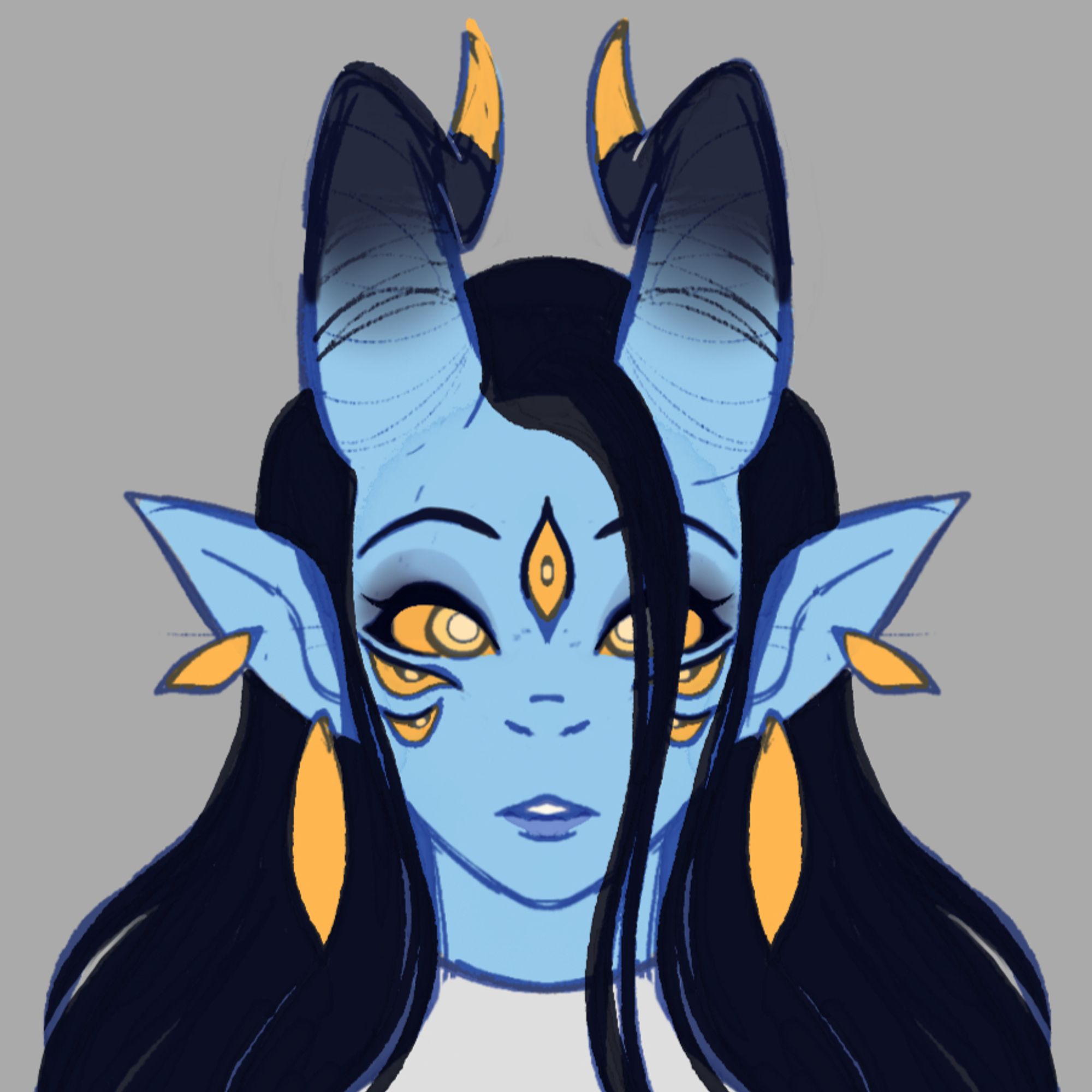 A headshot of a blue tiefling with a neutral expression. She has long dark hair with a thick strand going over the left side of her face. She has lighting bolt shaped horns with a light to dark gradient and gold caps on the ends. She has seven gold eyes and four eye-shaped earrings. She wears a white top with a high neck. This piece was completed in March of 2024.