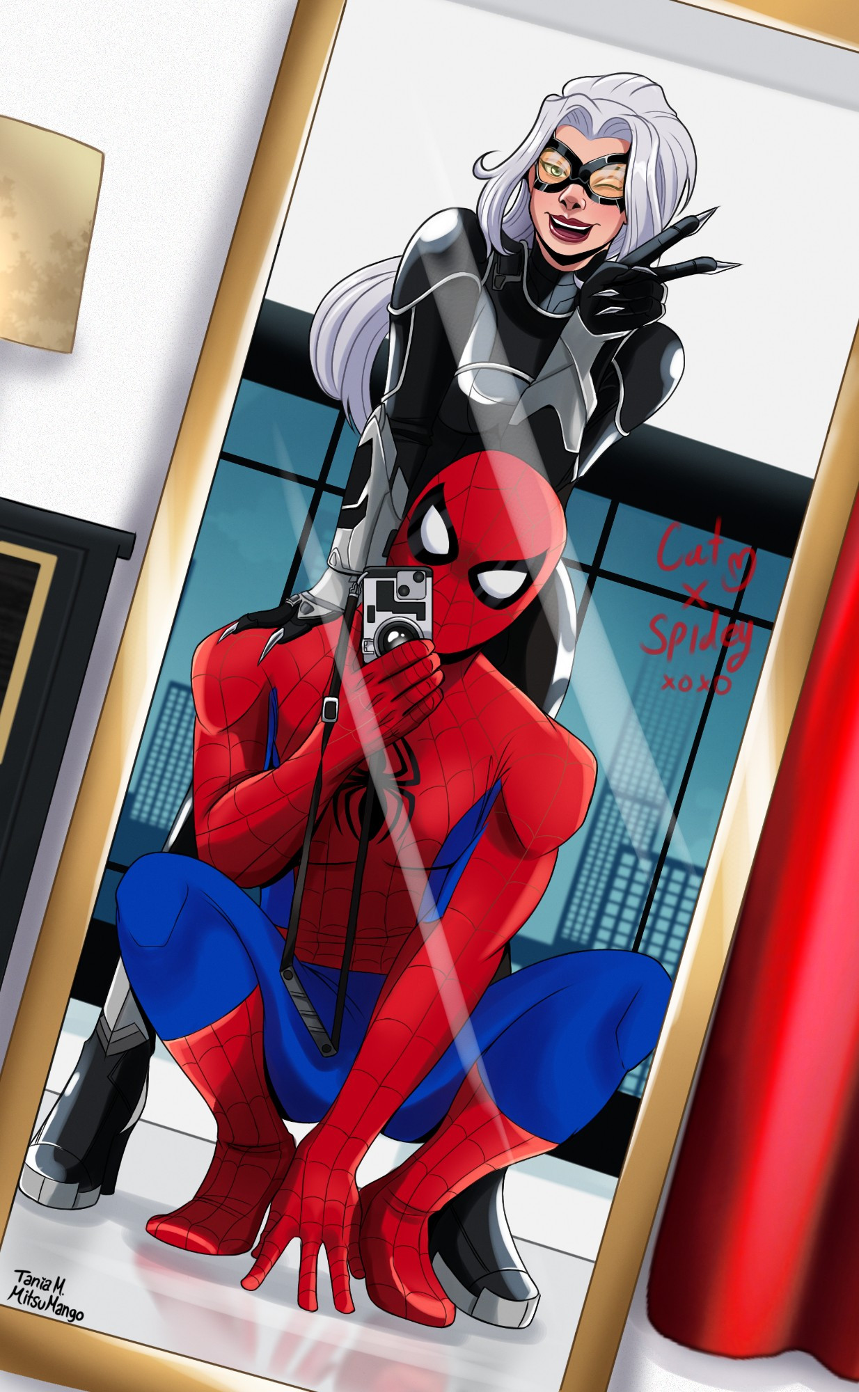 Peter in his Spider-Man suit taking a mirror selfie with Felicia in her Black Cat suit