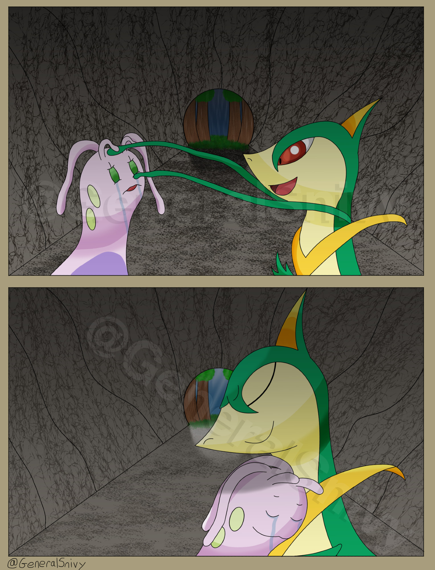 This is a two-panel comic featuring a Sligoo and a Servine in a dark cave. On the top panel, Sligoo can be seen on the left as he's crying due to him being scared of going blind after evolving from a Goomy. His friend, Servine, seen on the right, is using the move Vine Whip to pet the top of Sligoo's head while wiping away his tears from his left eye. Servine is speaking to his friend Sligoo, assuring them that everything is going to be okay, despite there not being any text for said dialogue, calming them down and quelling Sligoo's fears. There is a rainstorm happening just outside the cave, making the skies dark and the cave's interior darker.

On the bottom panel, Sligoo and Servine can be seen hugging each other while Sligoo is still crying, but is now crying tears of joy rather than that of sadness and fear. The rainstorm outside the cave has stopped and rays of sunlight are shining down from above, lighting up the cave's interior and brightening it up a bit in comparison to the top panel.