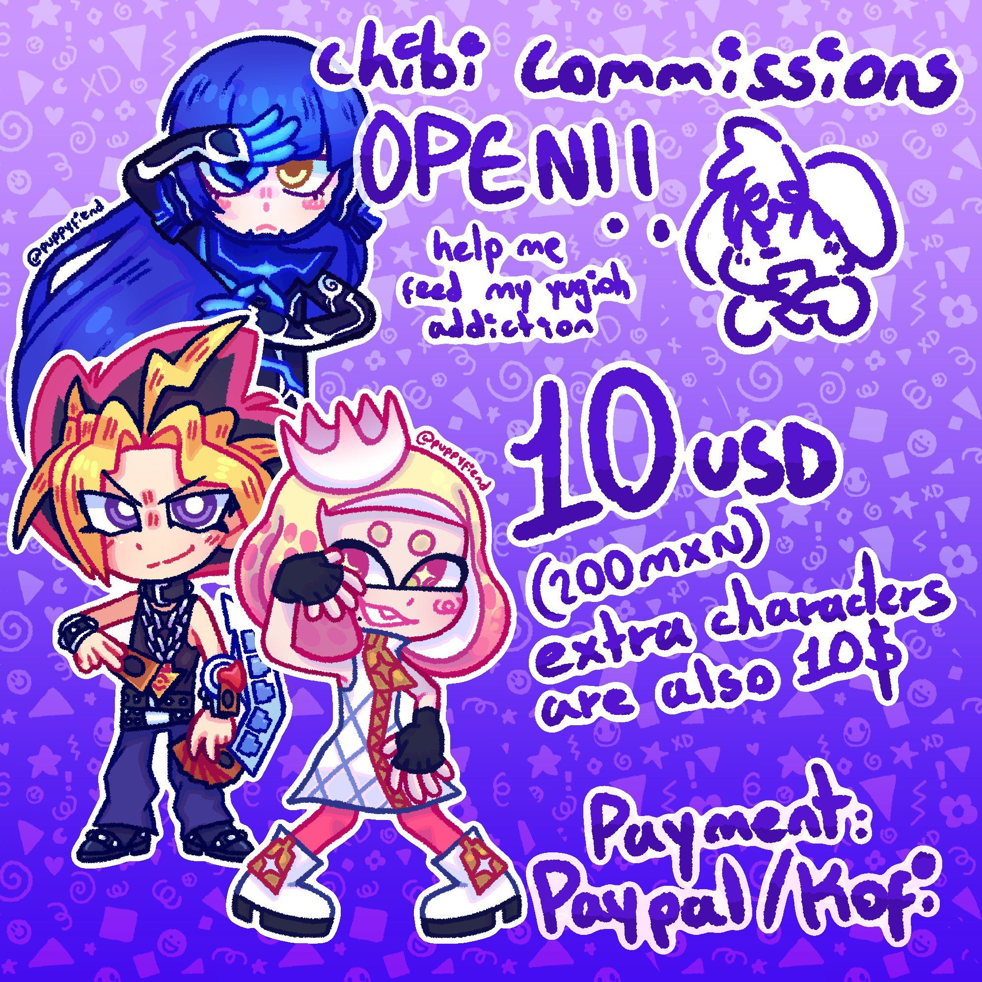 Chibi commissions OPEN!!
(help me feed my Yu-Gi-Oh addiction)
10 USD (200MXN)
extra characters are also 10$
Payment:
Paypal/Kofi