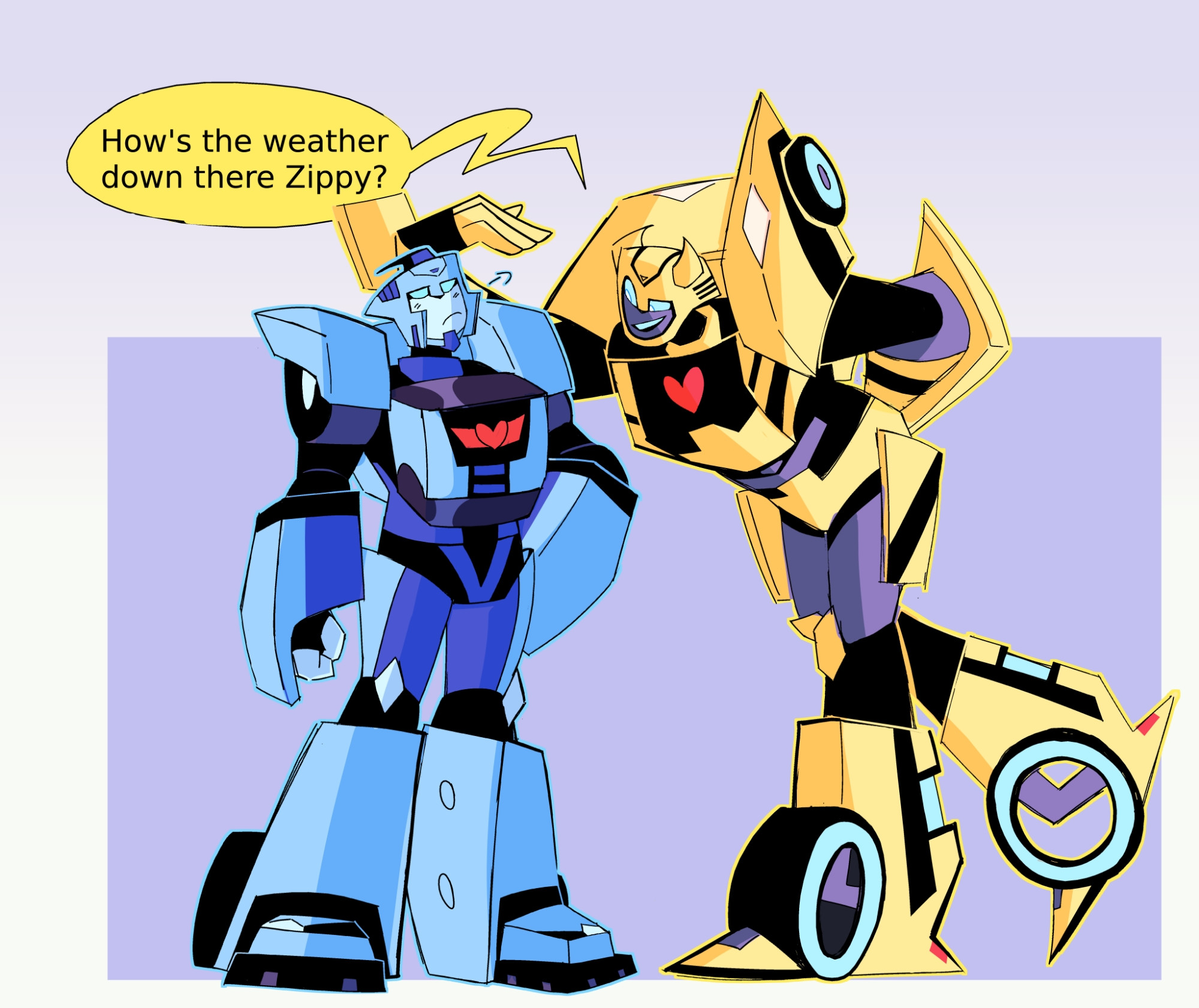 A drawing of Blurr and Bumblebee from Transformers: Animated with swapped frame designs. Bumblebee is taller, leaning over Blurr with a hand hovering over him and a cocky expression on his face. He says in a speech bubble "How's the weather down there Zippy?" Blurr is a minibot, with a unimpressed expression and an arm placed on his hip. He is letting out a sigh.