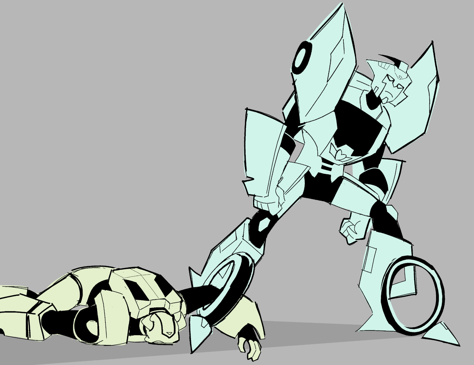 A simple drawing of Blurr and Bumblebee from Transformers: Animated. Blurr with a bothered, bored expression drags a face-down Bumblebee that has his arm stuck in the wheel of Blurr's foot. 