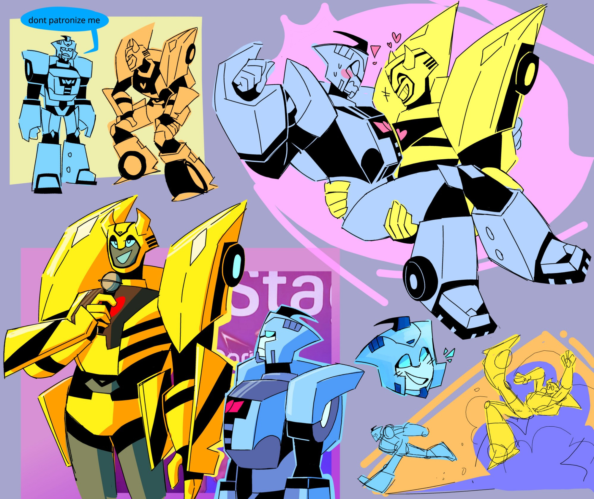 Various drawing of Bumblebee and Blurr from Transformers: Animated in swapped frame designs. In order of left to right clockwise:
1: Bumblebee is crouching down with a cheeky expression. Blurr is standing next to him looking bothered as he says in a speech bubble "Don't patronize me."
2: Bumblebee from the chest up holding a full-body Blurr in a bridal carry. Bumblebee is smiling with his eyes closed. Blurr has a flustered expression and wide eyes. 
3: A small rendered drawing of just Blurr's face smiling. Beside it is a rough sketch of Blurr running so swiftly past Bumblebee it causes the other to loose his balance. 
4: Bumblebee stands smugly with a mic raised to his speaking mouth. Blurr beside him glares up at Bumblebee.