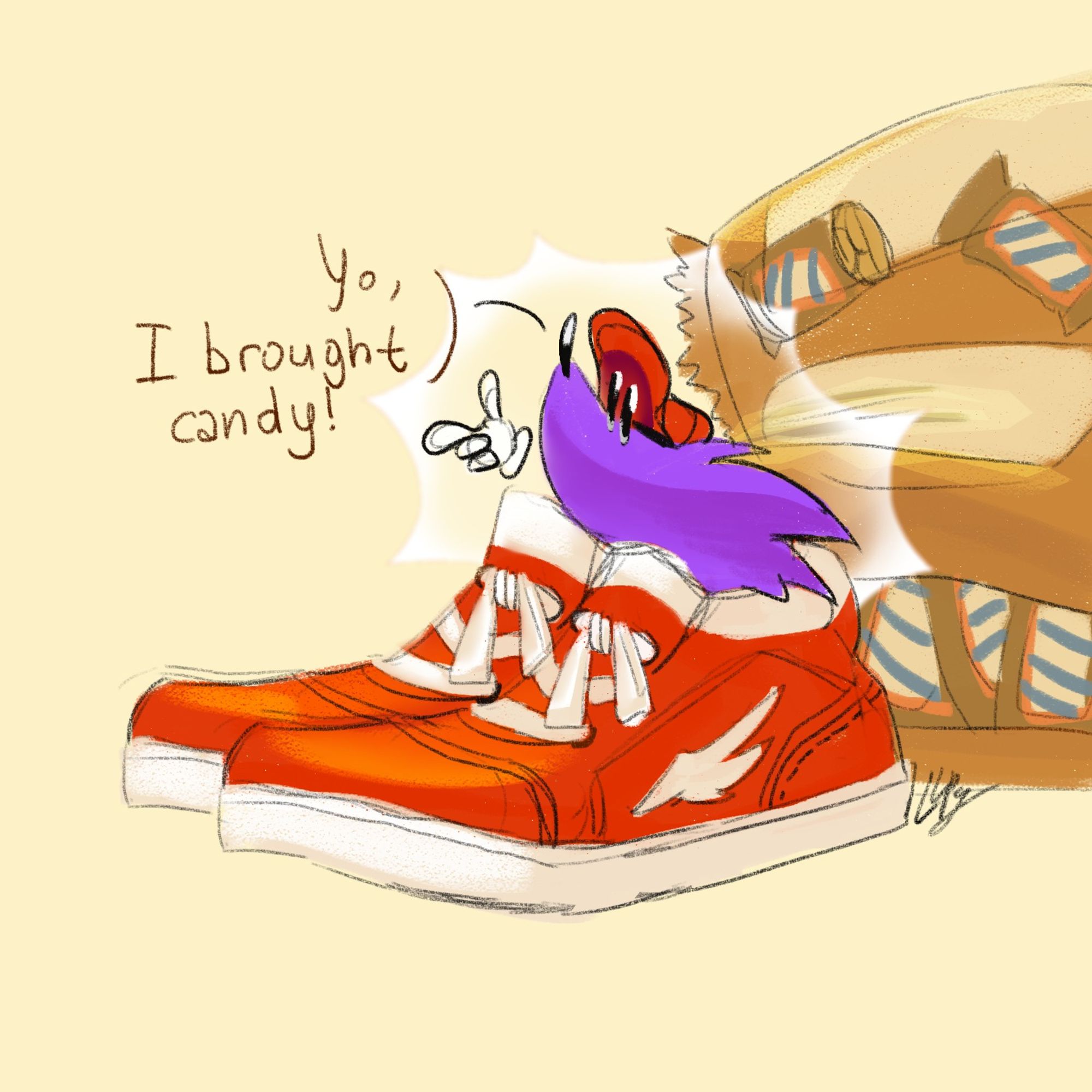 Pizzatober Day 7: Meet Snick

Snick the purple porcupine is in ovesized red sneakers. Behind him is a bag of Snickers candy bars.

He says: "Yo, I brought candy!"

He's happy that he could share it.