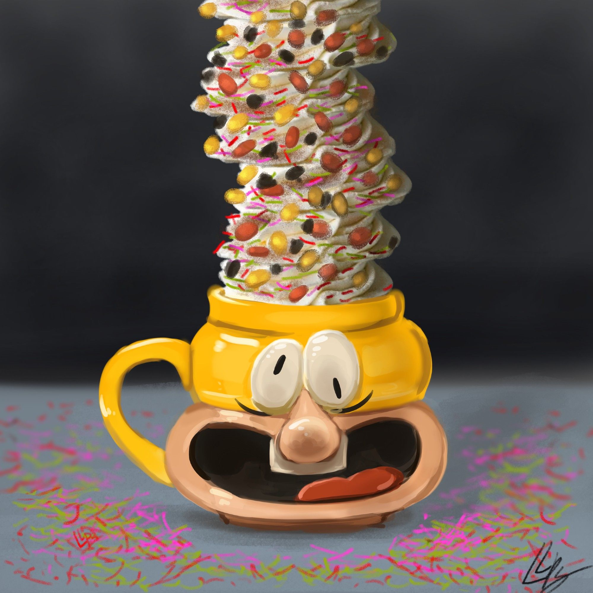 Pizzatober Day 5: Noise Coffee 

A picture drawn as a photorealistic concept of a mug.
A ceramic mug in the shape of Noise's head, having a goofy smile.

A tower of whipped cream that doesn't even end in the frame. In fact, it won't. Chocolate chips, red and yellow jelly beans, sprinkles covering it. There's also cinnamon, it's autumn after all!

Sprinkles are covering the surrounding surface of the table covered in faint cold blue table cloth. 

I think I forgot to add coffee to this desert. Eh, I still want it. And the mug too.