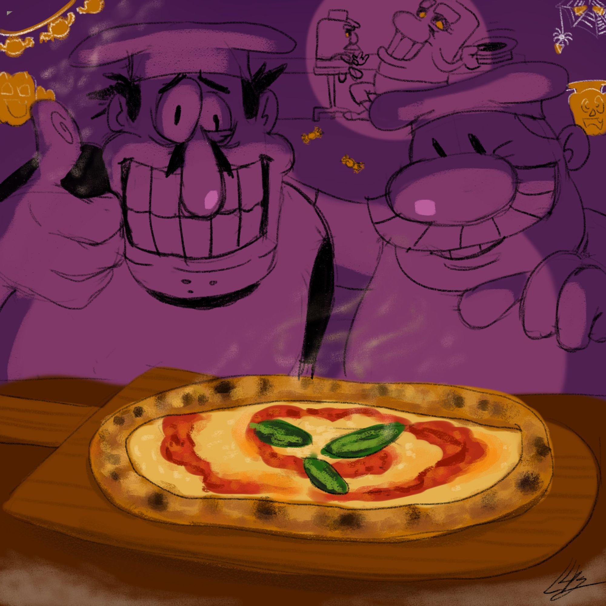 Pizzatober Day 8: Cooking

Oh, that's a perfect pizza!
Gustavo couldn't miss this opportunity to have a good photo. Also, Peppino deserved to be in one as well, he's a hard-worker afterall! Since we've already been taking pictures of pillar bros on day 4, why not another? Now from a different angle!

Purple spooky background, pepperoni goblin bats ornament and spider web on the wall. Few orange pumpkins and dropped candy on the floor.

Cheese pizza with a tomato sauce swirl. Few leaves of basil in the center. The pizza is steaming, it's just from the oven.
Peppino is giving a steaming thumbs up (ouch?), smiling through anxiety. He doesn't like being on camera. Gustavo is holding him on the back for support and pointing at the baked beauty, smiling too.

In the background, pillar bros are messing around: John is shaking his hat to the viewer, Gerome is secretly showing a “rock on” gesture.