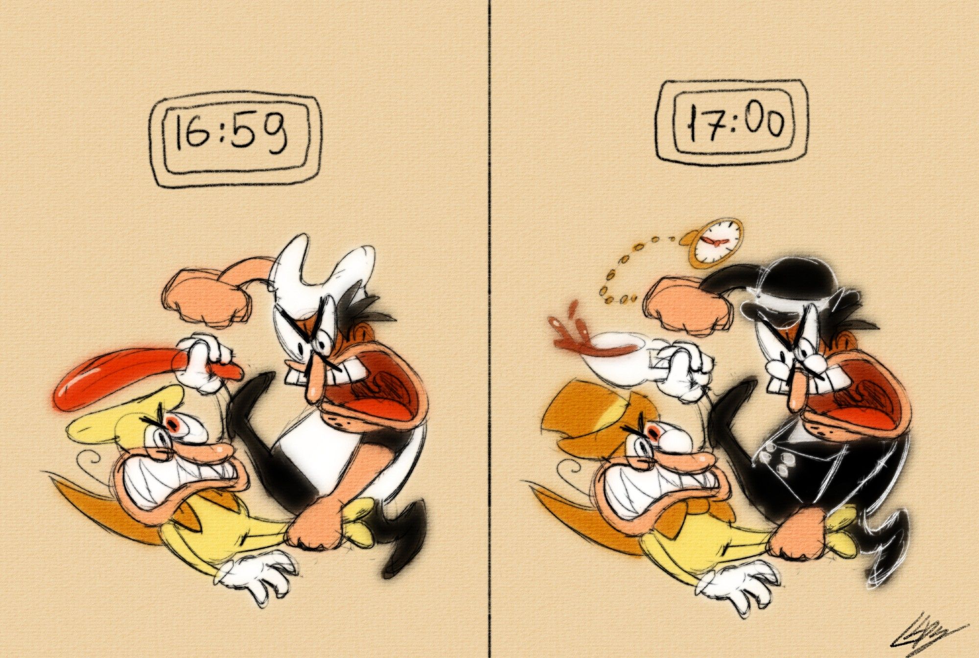 Pizzatober Day 6: Quite

Two panel comics:
First panel, Peppino and Noise and fighting each other, ordinary day and such. Peppino is kicking away the bat, that Noise was about to hit him with. Chef is dragging down his opponent by feet with one hand, while planning to hit Noise with the other.

The time above them is 16:59.

Second panel. Time is now 17:00: five o’clock! The fighting is still the same, except, Noise is now wearing a tall orange hat, monocle, bowtie and hits Peppino with a cup of tea. Peppino is wearing a black suit, a small black hat and pince-nez while striking Noise with a pocket watch.