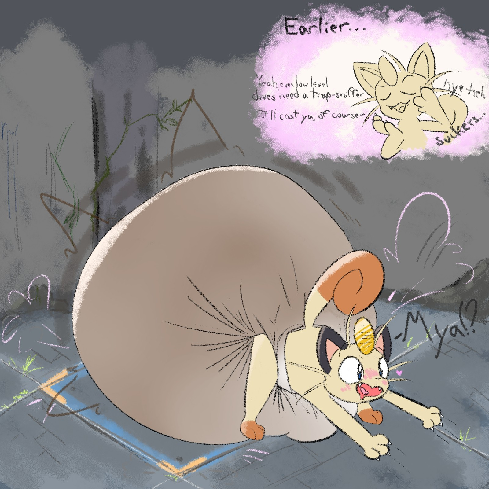 A meowth hyperloading a diaper in a dungeon after offering their services to find traps