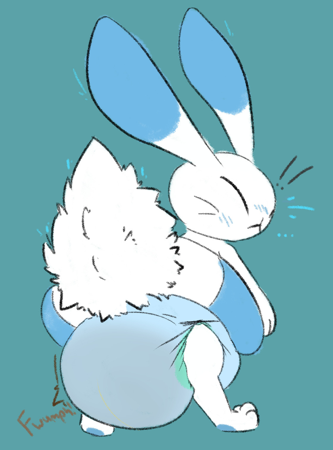 a bunny character with a blue innertube, filling their diapers and looking back surprised