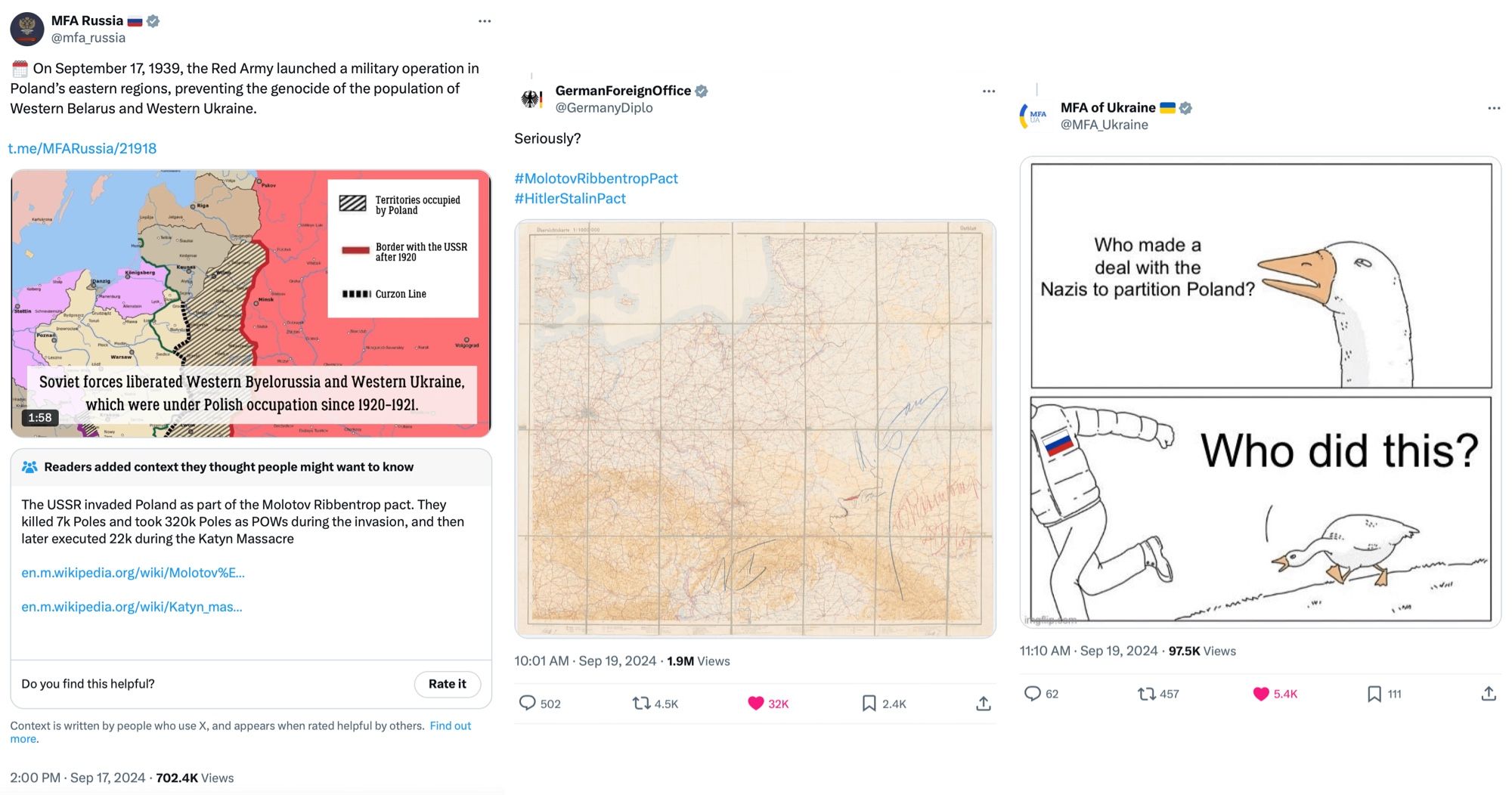 Russian MFA tweets disinformation about the partition of Poland in 1939. The German MFA brings the receipts. The Ukrainian MFA memes for the kill.