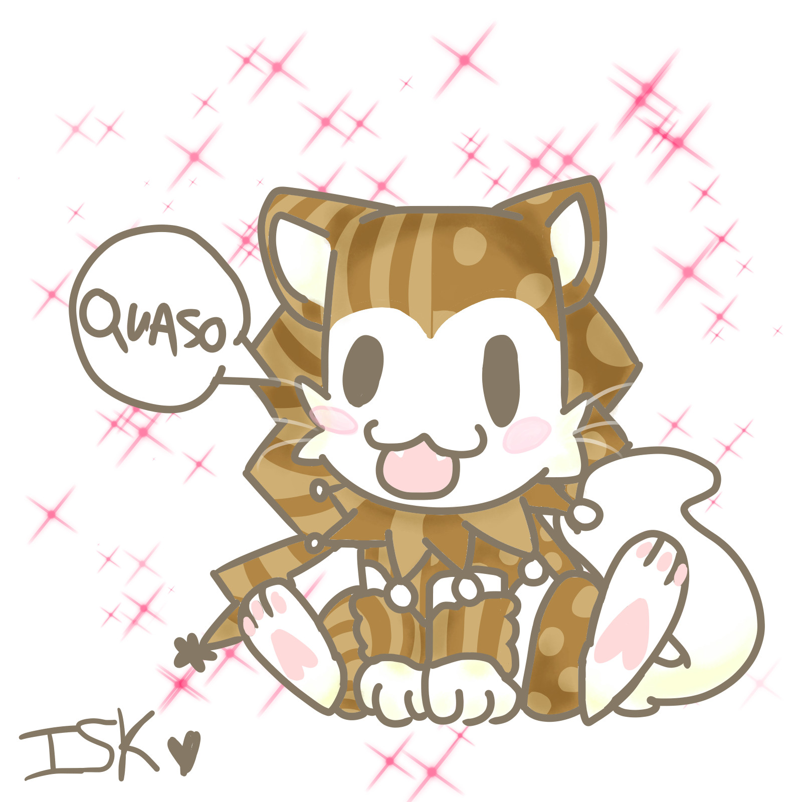 an image of the regretevator npc miché (a white furred cat wearinga brown jester suit) drawn in a chibi artstyle & saying the word "QUASO". he is sitting in a quadrupedal way. theres are pink sparkles in the background