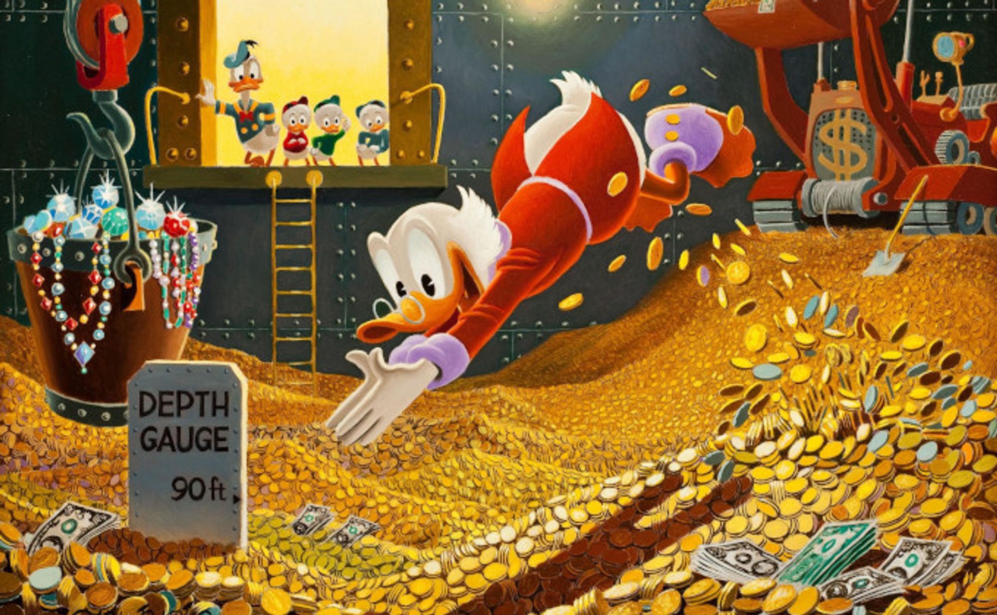 A Carl Barks painting of Scrooge McDuck happily diving through his money bin, which is piled 90 feet deep in gold coins, gems, and wads of bills.