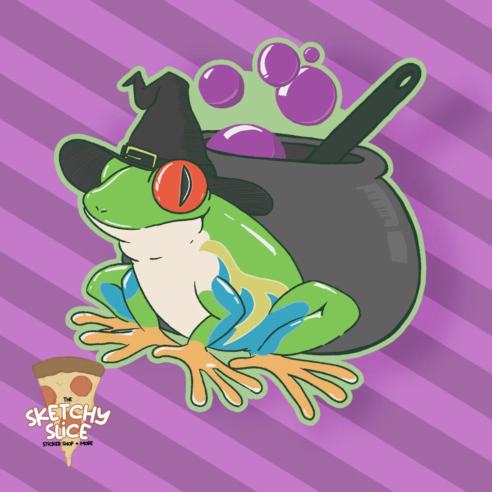 A red-eyed tree frog in a witch's hat standing in front of a bubbling cauldron