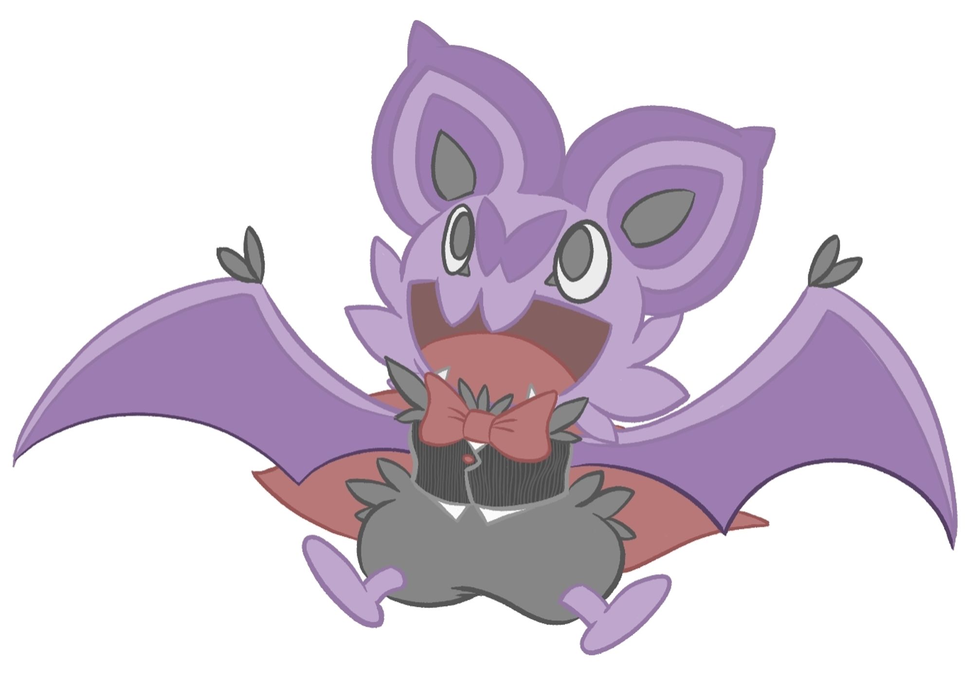 A Noibat dressed in a vest, bow tie, and cape as if dressed up like a vampire -- a vampire bat!