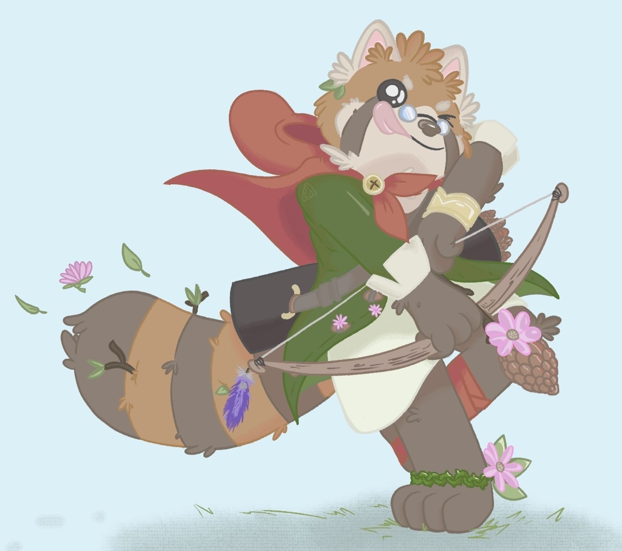 My red panda fursona Coral dressed in ranger garb a la MTG's Bloomburrow, mid-step as she is brandishing a bow nocking an arrow, looking playful