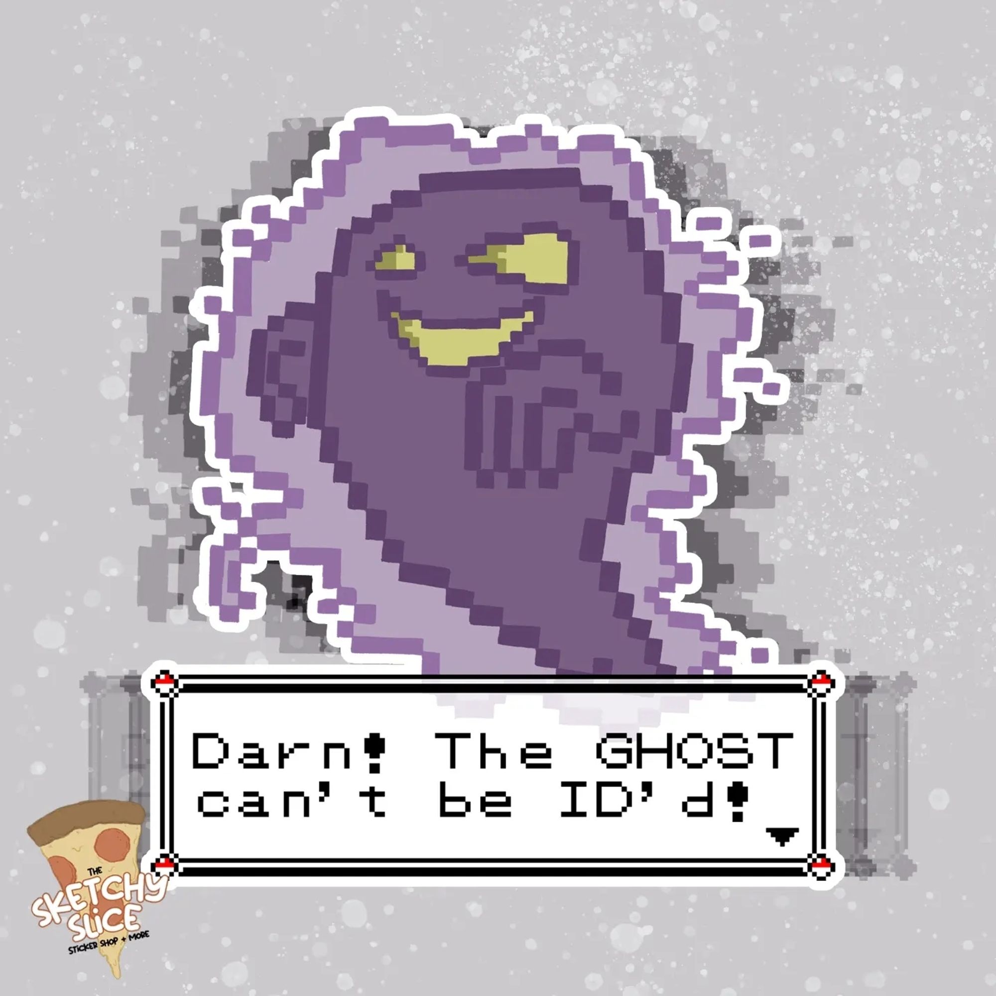 A pixelated purple ghost in the style originating from Pokemon Red and Blue, with text underneath reading "Darn! The GHOST can't be ID'd!"