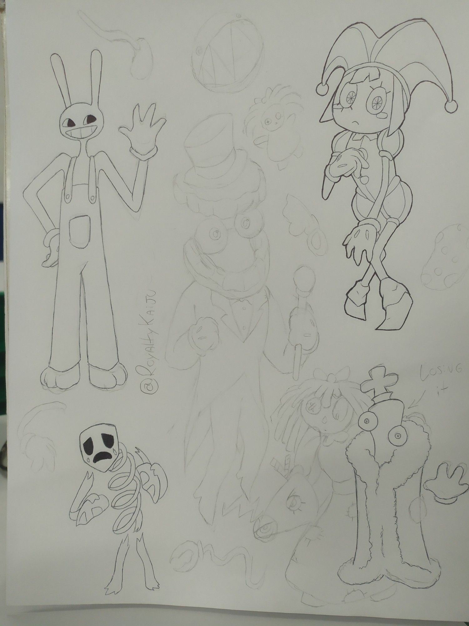 The Amazing Digital Circus crew sketches, featuring all characters in the show except Kaubfmo