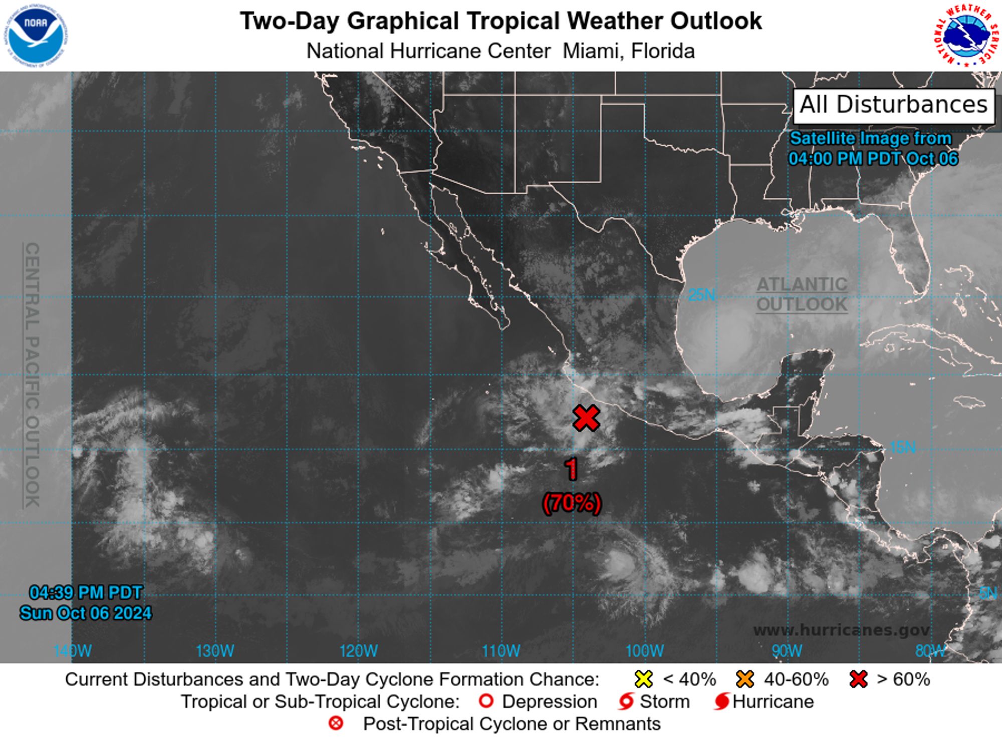 tropical weather outlook over the next 2 days greyscale satellite image of Eastern Pacific Ocean for
NWS National Hurricane Center Miami FL
500 PM PDT Sun Oct 6 2024

For the eastern North Pacific...east of 140 degrees west longitude:

1. Offshore of Southwestern Mexico (EP99):
Earlier satellite wind data indicated that an area of low pressure 
located less than a couple hundred miles south of Manzanillo, Mexico 
was becoming better defined. However, the current associated shower 
and thunderstorm activity remains disorganized. Environmental 
conditions appear generally favorable for additional development of 
this system, and a tropical depression is likely to form in the next 
day or two while it moves slowly west-northwestward or 
northwestward, roughly parallel to the coast of Mexico. Interests 
along the southwestern coast of Mexico should monitor the progress 
of this system.  Regardless of development, the disturbance could 
bring areas of heavy rain to portions of southwestern Mexico during 
the next few days.
* Formation chance through 48 hours...high...70 percent. 
* Formation chance through 7 days...high...70 percent.


Forecaster Papin
