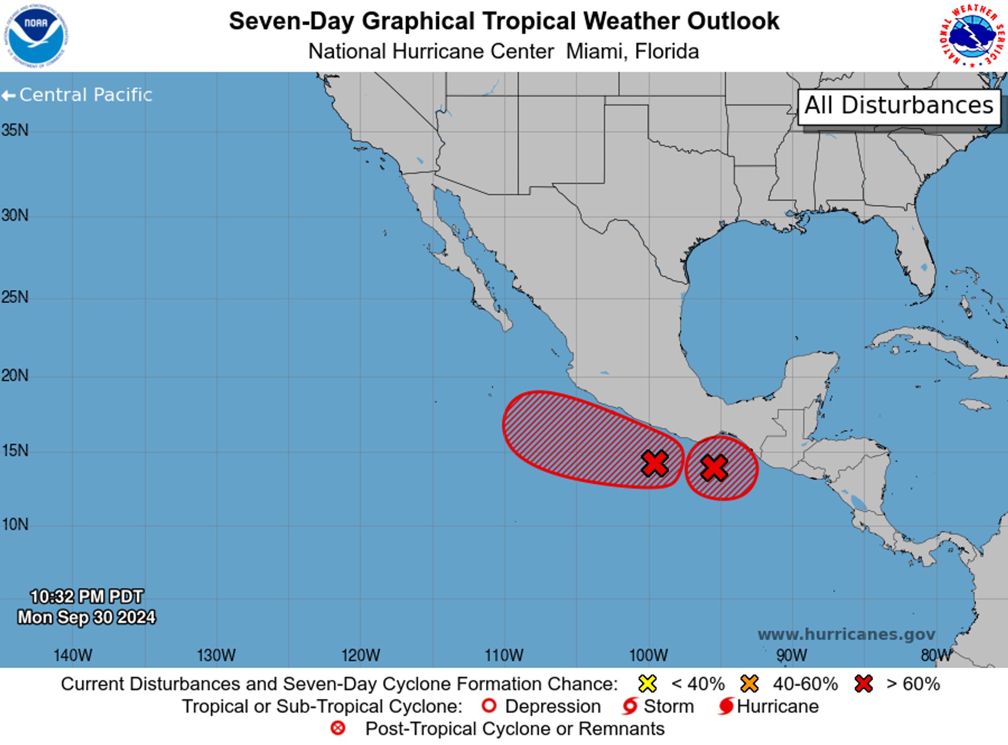 tropical weather outlook over the next 7 days color illustrated image of Eastern Pacific Ocean for
NWS National Hurricane Center Miami FL
1100 PM PDT Mon Sep 30 2024

For the eastern North Pacific...east of 140 degrees west longitude:

1. Offshore of Southwestern Mexico:
An area of low pressure is expected to form off the coast of 
southwestern Mexico during the next day or so. Environmental 
conditions are forecast to be conducive for development after that 
time, and a tropical depression is expected to form by the end of 
the week. The disturbance is forecast to meander near or just 
offshore of the coast of Mexico for much of the week, and then begin 
moving slowly west-northwestward, parallel to the coast of Mexico by 
this weekend. Regardless of development, this system is expected to 
contribute to heavy rainfall across portions of the southwestern 
coast of Mexico that were already adversely affected by substantial 
rainfall last week, and interests there should monitor the progress 
of this disturbance.
* Formation chance through 48 hours...medium...40 percent. 
* Formation chance through 7 days...high...80 percent.

2. South of the Gulf of Tehuantepec (96E): 
Showers and thunderstorms associated with an area of low pressure 
near the Gulf of Tehuantepec have changed little in organization 
during the past several hours. Although the system does not yet 
appear to have a well-defined surface circulation, environmental 
conditions are expected to be conducive for additional development, 
and a tropical depression is likely to form during the next day or 
two. This system is forecast to meander for the next couple of days 
before drifting northward towards the southern coast of Mexico, and 
interests there should monitor the progress of this system. 
Regardless of development, heavy rain is possible along portions of 
the coast of southern Mexico and northern Central America throughout 
this week.
* Formation chance through 48 hours...high...70 percent. 
* Formation chance through 7 days...high...70 percent.


Forecaster Hagen
