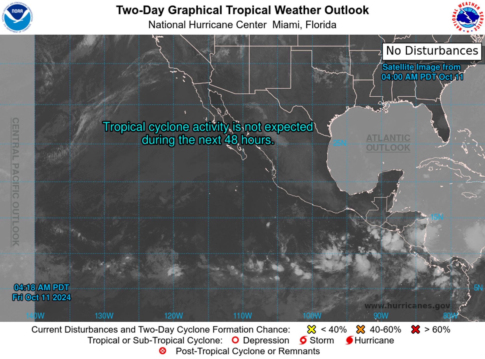 tropical weather outlook over the next 2 days greyscale satellite image of Eastern Pacific Ocean for
NWS National Hurricane Center Miami FL
500 AM PDT Fri Oct 11 2024

For the eastern North Pacific...east of 140 degrees west longitude:

Tropical cyclone formation is not expected during the next 7 days.

$$
Forecaster Hagen
NNNN

