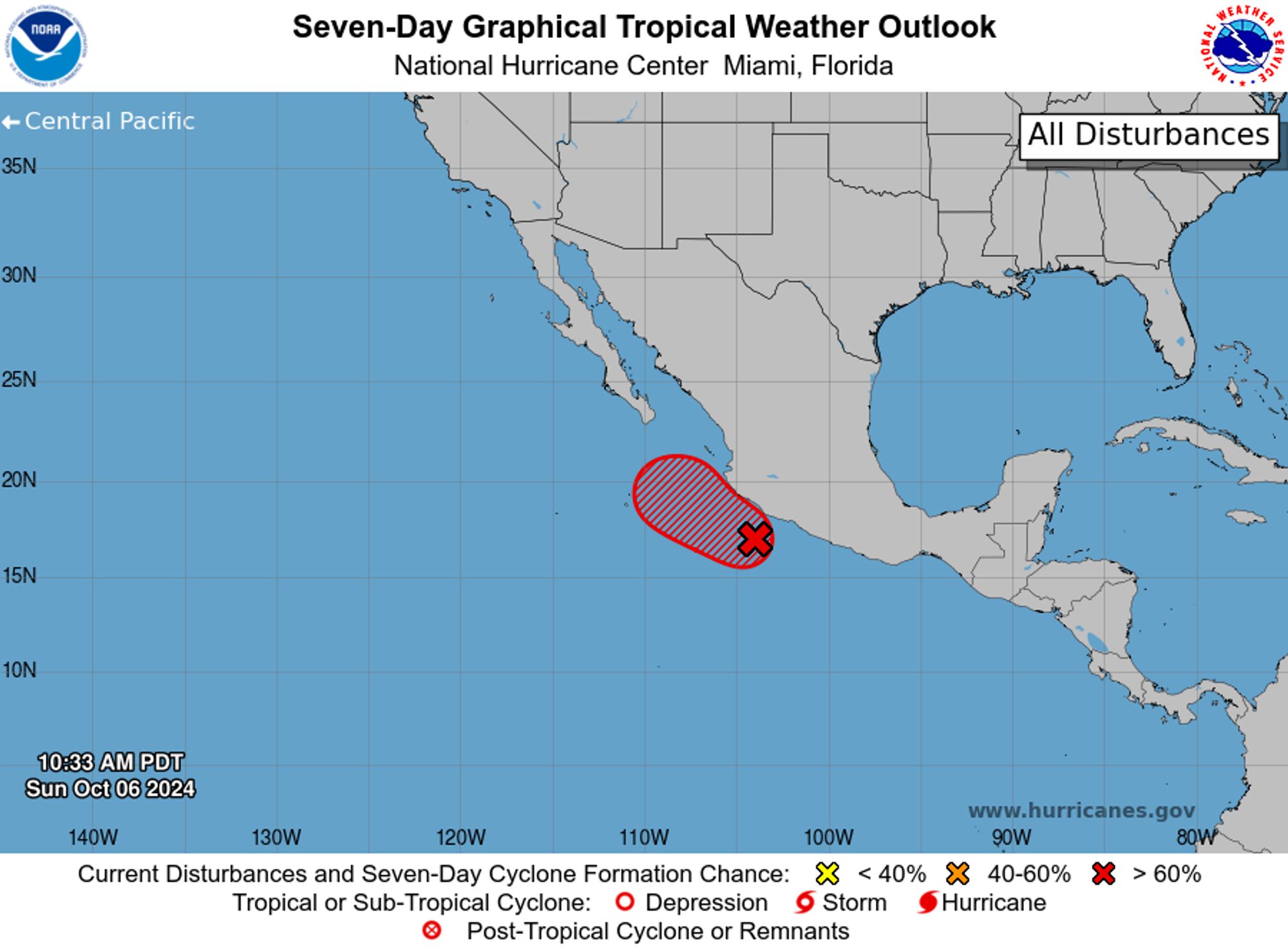 tropical weather outlook over the next 7 days color illustrated image of Eastern Pacific Ocean for
NWS National Hurricane Center Miami FL
1100 AM PDT Sun Oct 6 2024

For the eastern North Pacific...east of 140 degrees west longitude:

1. Offshore of Southwestern Mexico:
Shower and thunderstorm activity has increased today in association 
with a broad area of low pressure located about 150 miles south of 
Manzanillo, Mexico.  Gradual development of this system is possible, 
and a tropical depression is likely to form within the next couple 
of days while the system moves slowly west-northwestward or 
northwestward.  Interests along the southwestern coast of Mexico 
should monitor the progress of this system.  Regardless of 
development, the disturbance could bring areas of heavy rain to 
portions of southwestern Mexico during the next few days.
* Formation chance through 48 hours...medium...60 percent. 
* Formation chance through 7 days...high...70 percent.


Forecaster Hagen
