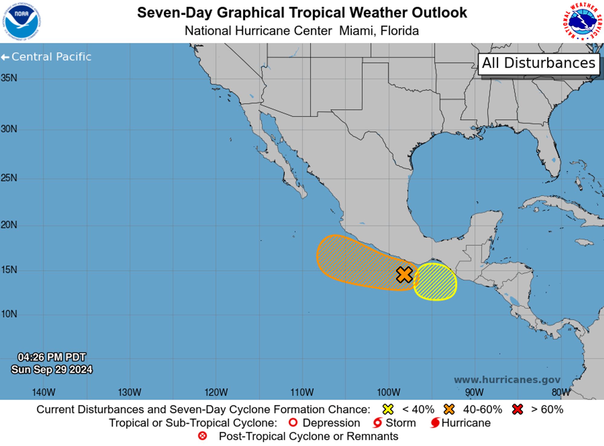 tropical weather outlook over the next 7 days color illustrated image of Eastern Pacific Ocean for
NWS National Hurricane Center Miami FL
500 PM PDT Sun Sep 29 2024

For the eastern North Pacific...east of 140 degrees west longitude:

1. Offshore of Southwestern Mexico:
An area of low pressure is expected to gradually develop off the 
coast of southwestern Mexico during the next day or so. 
Environmental conditions are expected to be generally conducive for 
additional development after that, and a tropical depression could 
form by the middle or late portions of this week. The disturbance is 
forecast to meander near or just offshore the coast for most of the 
week, and then begin moving slowly west-northwestward, parallel to 
the coast of Mexico by next weekend. Regardless of development, this 
system is expected to contribute to additional heavy rainfall across 
portions of the southwestern coast of Mexico, and interests there 
should monitor the progress of this disturbance.
* Formation chance through 48 hours...low...10 percent. 
* Formation chance through 7 days...medium...60 percent.

2. South of the Gulf of Tehuantepec: 
Another area of low pressure is forecast to form south of the Gulf 
of Tehuantepec during the next couple of days. Gradual development 
of the disturbance will be possible after that, if the system 
remains offshore the coast of southern Mexico. The disturbance is 
forecast to move erratically through mid-week, and then potentially 
move northward toward the coast later this week. Regardless of 
formation, heavy rain will be possible along most of the coast of 
southern Mexico throughout this week.
* Formation chance through 48 hours...low...near 0 percent. 
* Formation chance through 7 days...low...20 percent.


Forecaster D. Zelinsky
