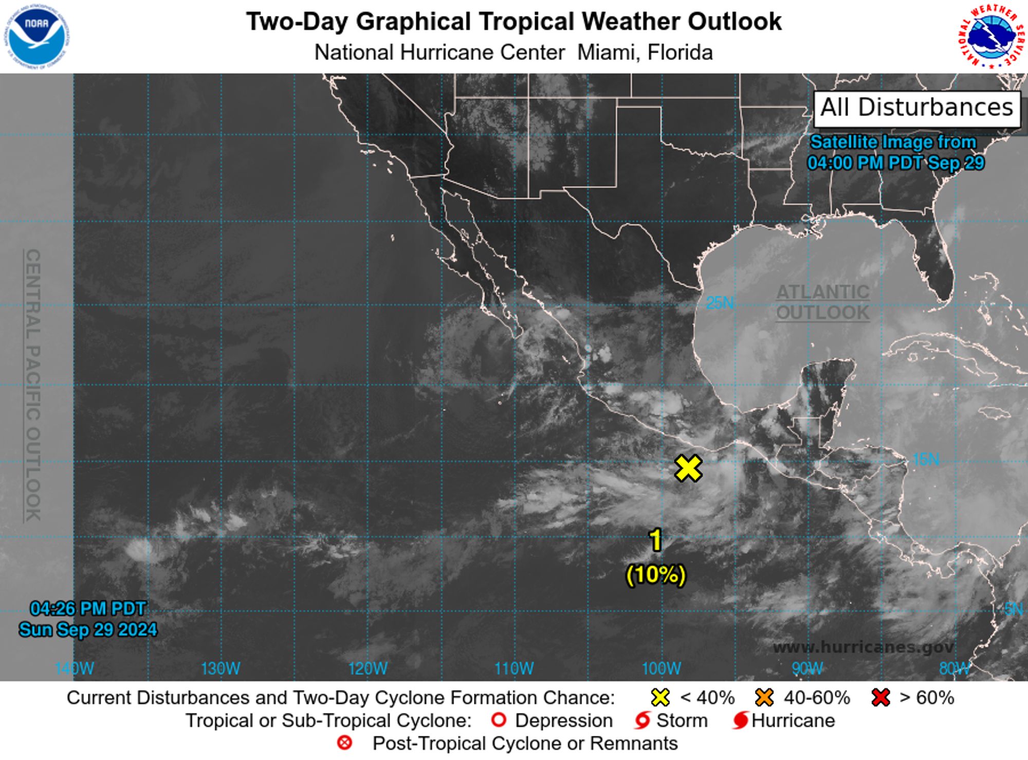 tropical weather outlook over the next 2 days greyscale satellite image of Eastern Pacific Ocean for
NWS National Hurricane Center Miami FL
500 PM PDT Sun Sep 29 2024

For the eastern North Pacific...east of 140 degrees west longitude:

1. Offshore of Southwestern Mexico:
An area of low pressure is expected to gradually develop off the 
coast of southwestern Mexico during the next day or so. 
Environmental conditions are expected to be generally conducive for 
additional development after that, and a tropical depression could 
form by the middle or late portions of this week. The disturbance is 
forecast to meander near or just offshore the coast for most of the 
week, and then begin moving slowly west-northwestward, parallel to 
the coast of Mexico by next weekend. Regardless of development, this 
system is expected to contribute to additional heavy rainfall across 
portions of the southwestern coast of Mexico, and interests there 
should monitor the progress of this disturbance.
* Formation chance through 48 hours...low...10 percent. 
* Formation chance through 7 days...medium...60 percent.

2. South of the Gulf of Tehuantepec: 
Another area of low pressure is forecast to form south of the Gulf 
of Tehuantepec during the next couple of days. Gradual development 
of the disturbance will be possible after that, if the system 
remains offshore the coast of southern Mexico. The disturbance is 
forecast to move erratically through mid-week, and then potentially 
move northward toward the coast later this week. Regardless of 
formation, heavy rain will be possible along most of the coast of 
southern Mexico throughout this week.
* Formation chance through 48 hours...low...near 0 percent. 
* Formation chance through 7 days...low...20 percent.


Forecaster D. Zelinsky
