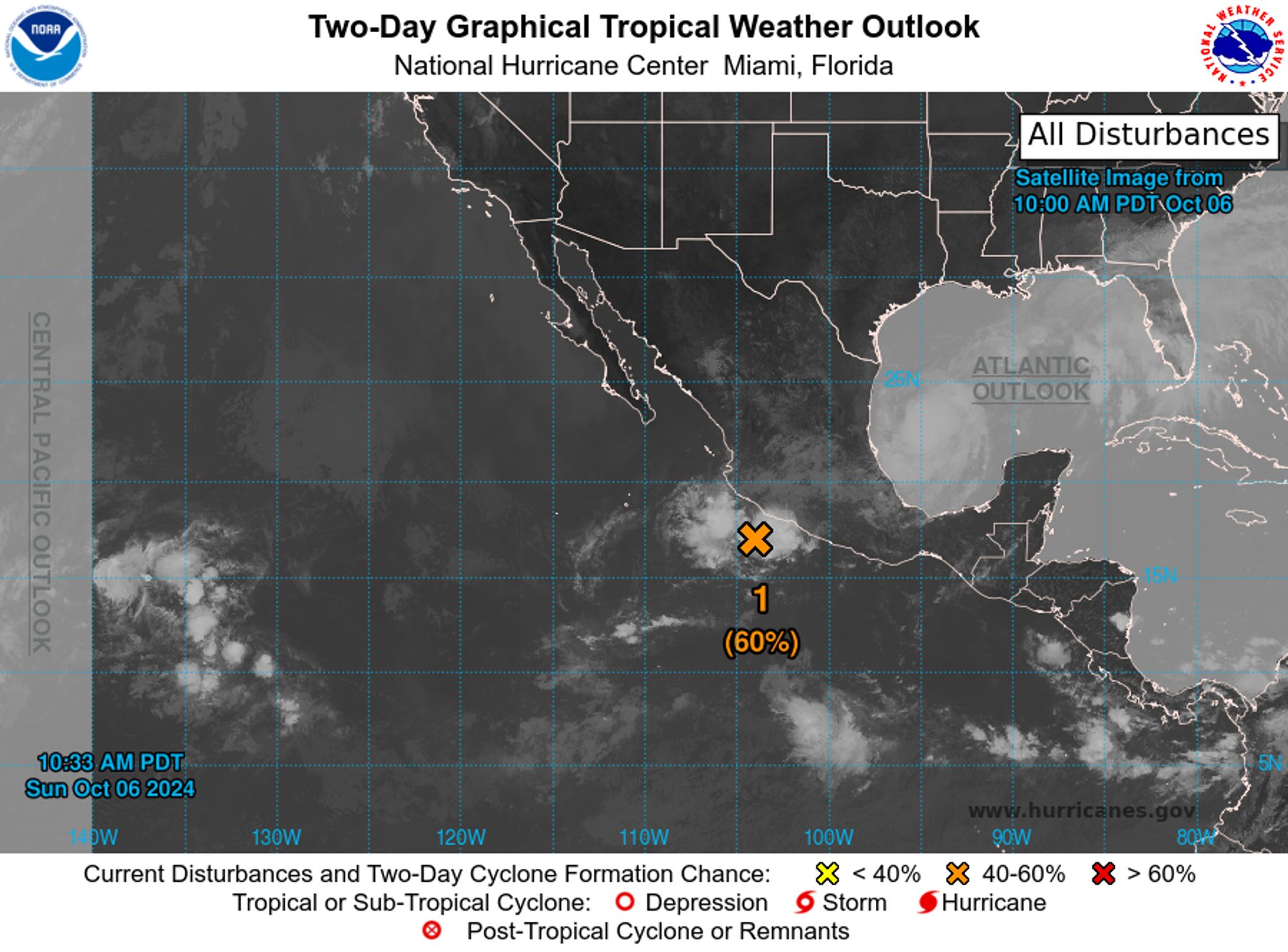 tropical weather outlook over the next 2 days greyscale satellite image of Eastern Pacific Ocean for
NWS National Hurricane Center Miami FL
1100 AM PDT Sun Oct 6 2024

For the eastern North Pacific...east of 140 degrees west longitude:

1. Offshore of Southwestern Mexico:
Shower and thunderstorm activity has increased today in association 
with a broad area of low pressure located about 150 miles south of 
Manzanillo, Mexico.  Gradual development of this system is possible, 
and a tropical depression is likely to form within the next couple 
of days while the system moves slowly west-northwestward or 
northwestward.  Interests along the southwestern coast of Mexico 
should monitor the progress of this system.  Regardless of 
development, the disturbance could bring areas of heavy rain to 
portions of southwestern Mexico during the next few days.
* Formation chance through 48 hours...medium...60 percent. 
* Formation chance through 7 days...high...70 percent.


Forecaster Hagen
