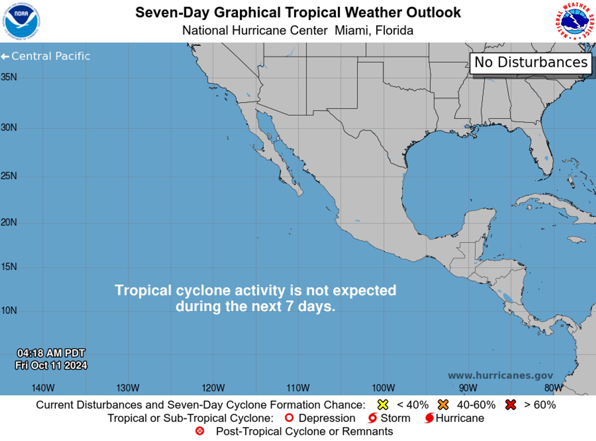 tropical weather outlook over the next 7 days color illustrated image of Eastern Pacific Ocean for
NWS National Hurricane Center Miami FL
500 AM PDT Fri Oct 11 2024

For the eastern North Pacific...east of 140 degrees west longitude:

Tropical cyclone formation is not expected during the next 7 days.

$$
Forecaster Hagen
NNNN

