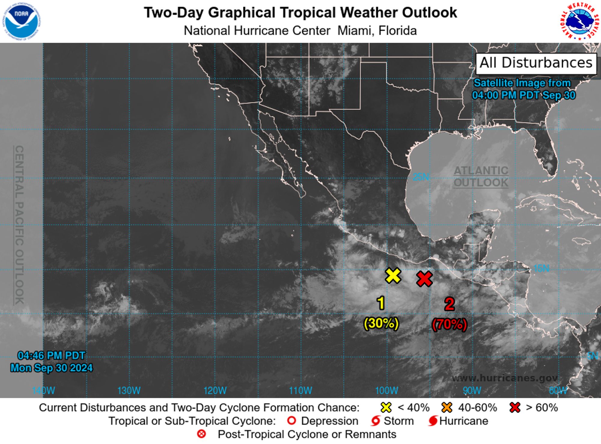 tropical weather outlook over the next 2 days greyscale satellite image of Eastern Pacific Ocean for
NWS National Hurricane Center Miami FL
500 PM PDT Mon Sep 30 2024

For the eastern North Pacific...east of 140 degrees west longitude:

1. Offshore of Southwestern Mexico:
An area of low pressure is expected to gradually form off the coast 
of southwestern Mexico during the next day or so. Environmental 
conditions are expected to be conducive for development after that 
time, and a tropical depression is expected to form by the end of 
the week. The disturbance is forecast to meander near or just 
offshore of the coast of Mexico for much of the week, and then 
begin moving slowly west-northwestward, parallel to the coast of 
Mexico by this weekend. Regardless of development, this system is 
expected to contribute to heavy rainfall across portions of the 
southwestern coast of Mexico that were already adversely affected by 
substantial rainfall last week, and interests there should monitor 
the progress of this disturbance.
* Formation chance through 48 hours...low...30 percent. 
* Formation chance through 7 days...high...70 percent.

2. South of the Gulf of Tehuantepec (96E): 
Showers and thunderstorms associated with an area of low pressure 
near the Gulf of Tehuantepec have continued to become better 
organized this afternoon. Although the system does not yet appear to 
have a well-defined surface circulation, environmental conditions 
are expected to be conducive for additional development, and a 
tropical depression is likely to form as soon as tonight or 
tomorrow. This system is forecast to meander for the next couple of 
days before drifting northward towards the southern coast of Mexico, 
and interests there should monitor the progress of this system. 
Regardless of development, heavy rain is possible along most of the 
coast of southern Mexico and northern Central America throughout 
this week.
* Formation chance through 48 hours...high...70 percent. 
* Formation chance through 7 days...high...70 percent.


Forecaster D. Zelinsky
