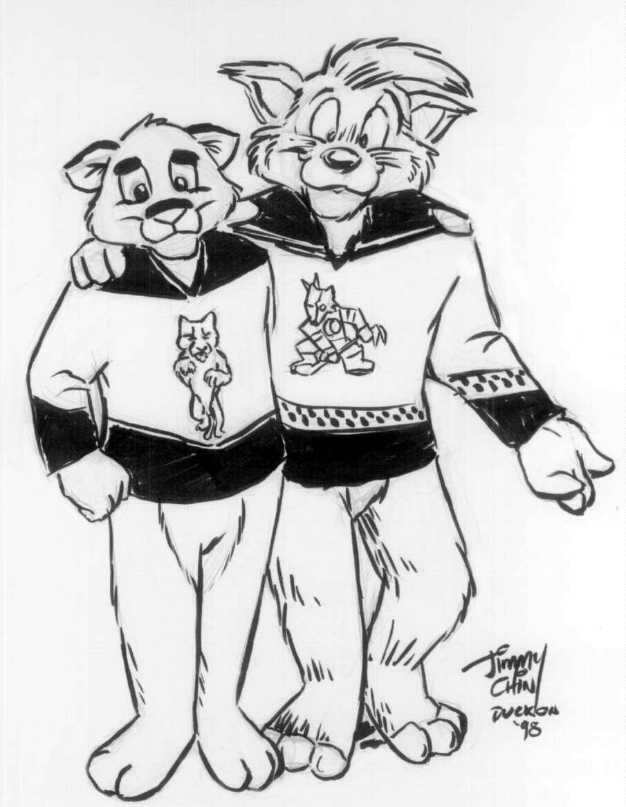 Drawing of Mishi cougar wearing a Florida Panthers jersey, and Yippee coyote wearing a Phoenix Coyotes jersey.