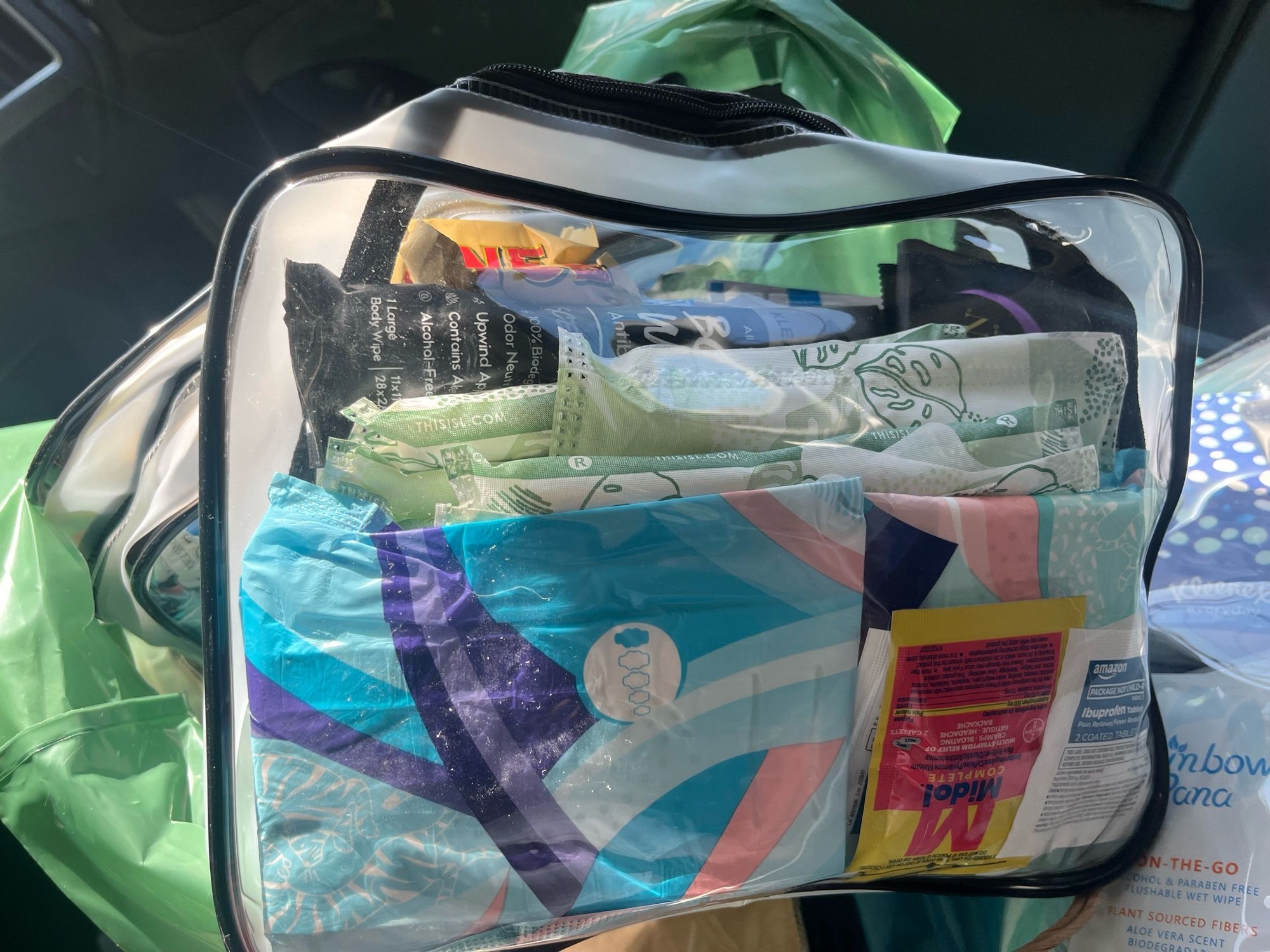 Image shows a clear zippered pouch full of menstrual products, birth control, emergency birth control, chocolates, cramp and pain relief, lube, tissues, body wipes, pepper gel spray and hand sanitizer. These mutual aid packages are distributed regularly and are highly requested from our community.