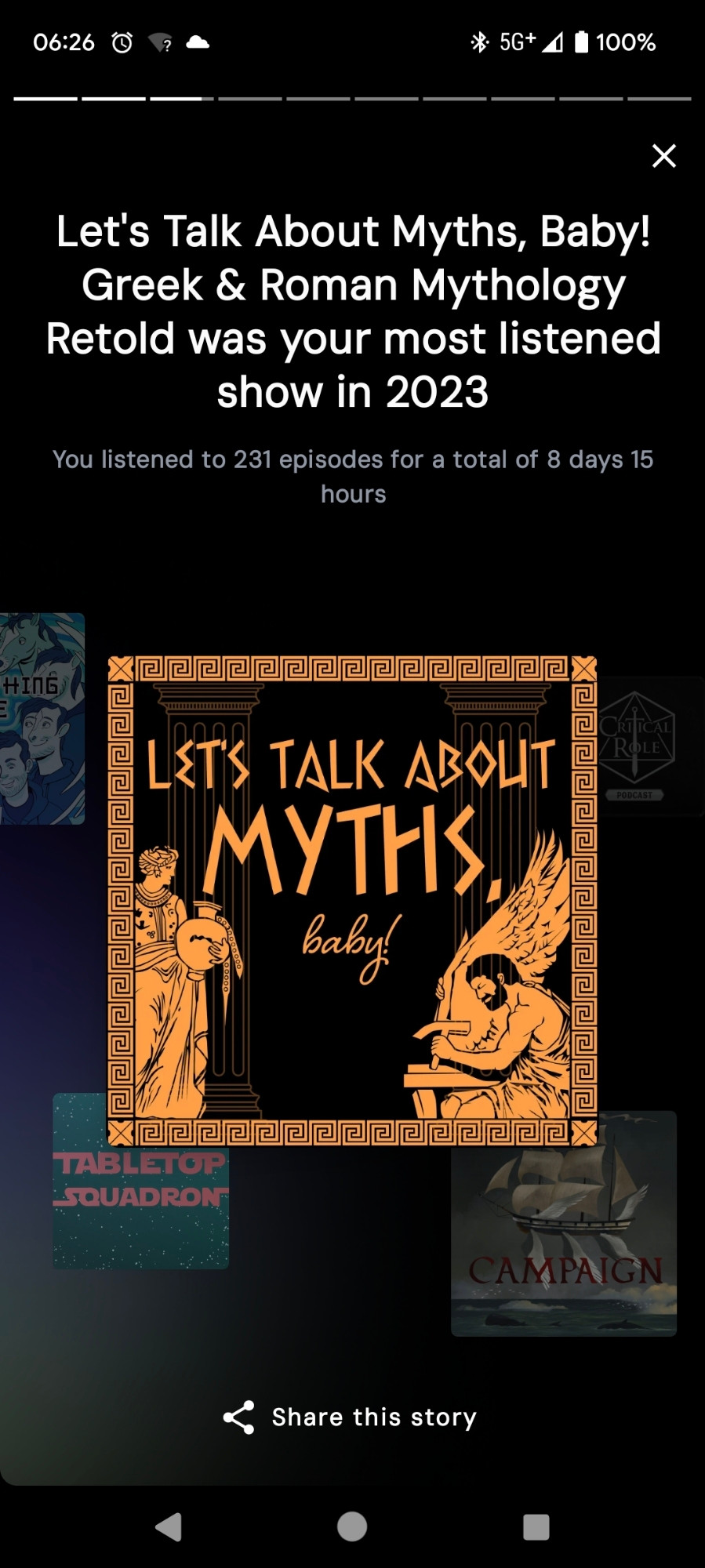 A statistics notification from my podcatcher that tells me my most listened to podcast is Let's Talk About Myths Baby with 231 episodes that totals 8 days and fifteen hours of listening.