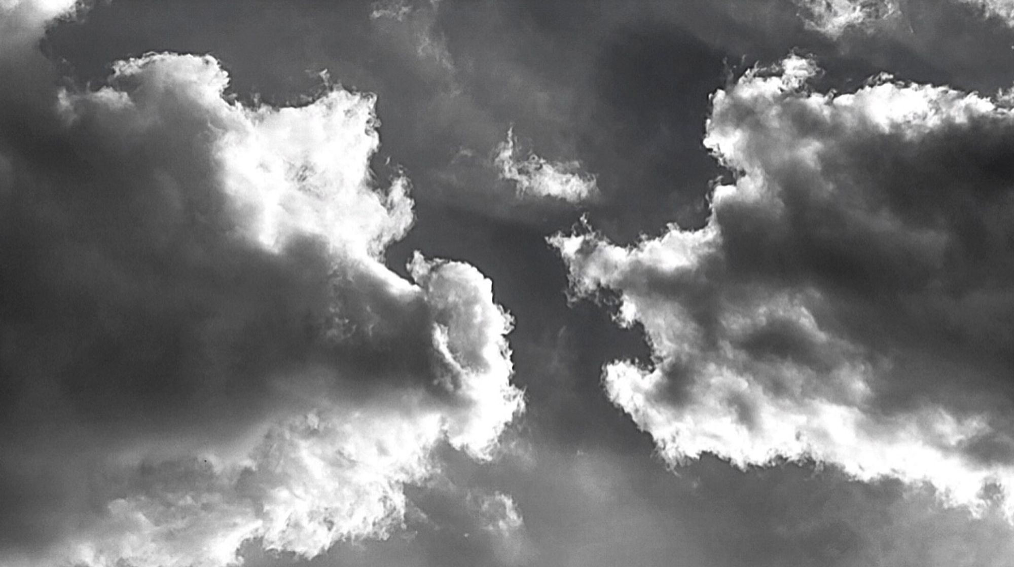 Dunkler Wolkenhimmel in schwarzweiß. Zwei Wolken im Vordergrund, die Konturen noch hell. Die rechte sieht aus wie ein zähnefletschender Hund, der die linke, harmlosere Wolke gleich stürmisch anfällt...