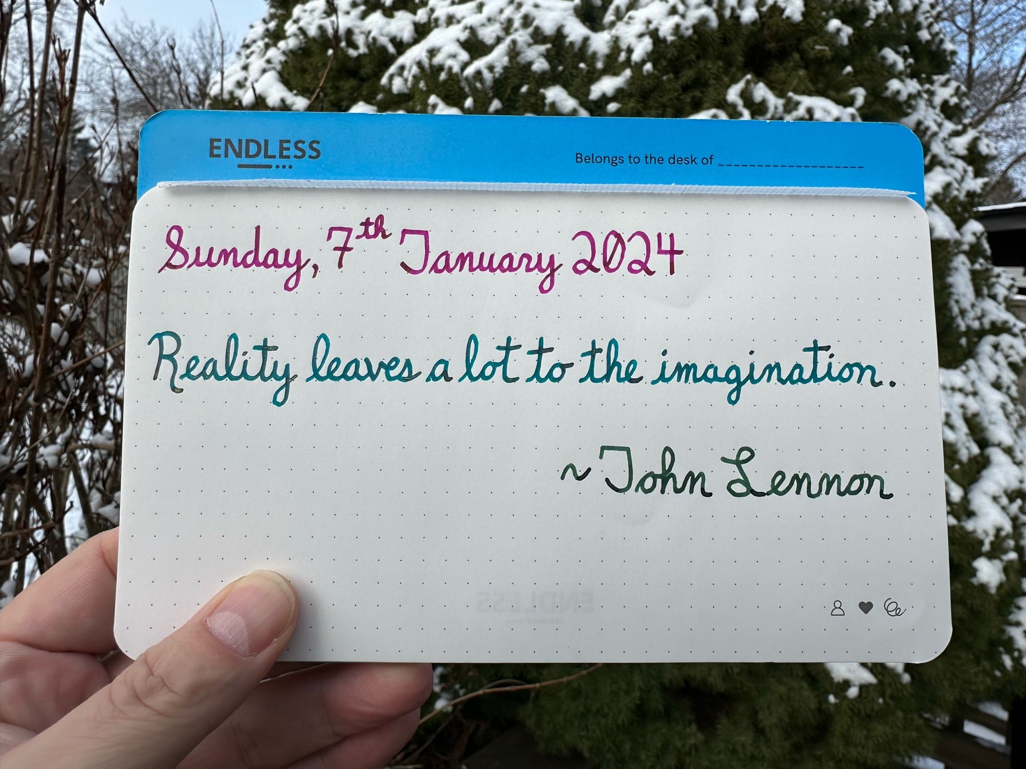 A pen quote of John Lennon, “Reality leaves a lot to the imagination.”

Written in Pilot Iroshizuku Yama-Budo, J. Herbin Emerauld de Chivor and Pelikan Edelstein Olivine.