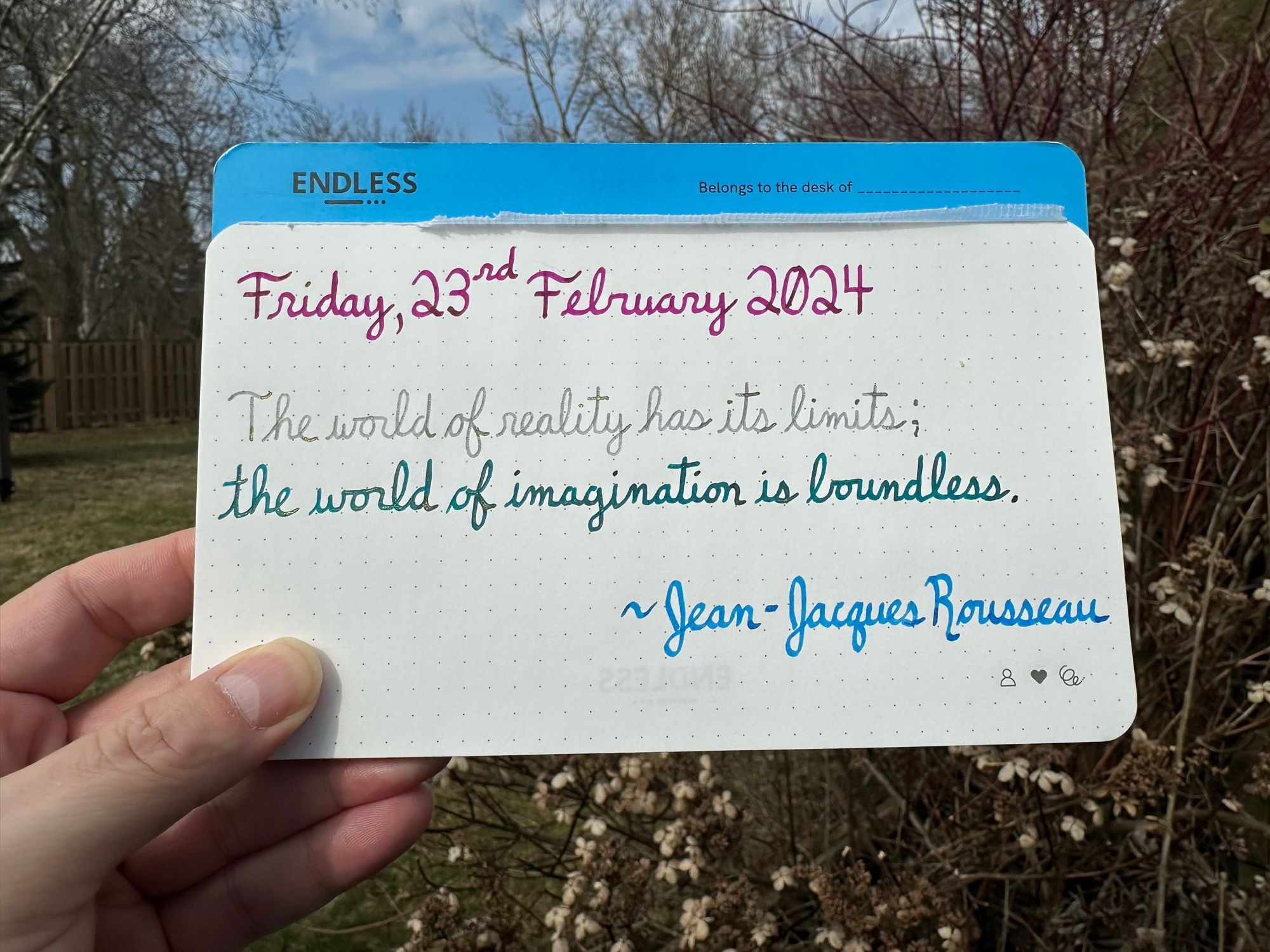 A pen quote of Jean-Jacques Rousseau that reads, “The world of reality has its limits; the world of imagination is boundless.”

Written in Pilot Iroshizuku Yama-Budo and Kon-Peki along with Wearingeul I am a Cat and Jacques Herbin Emerauld de Chivor.